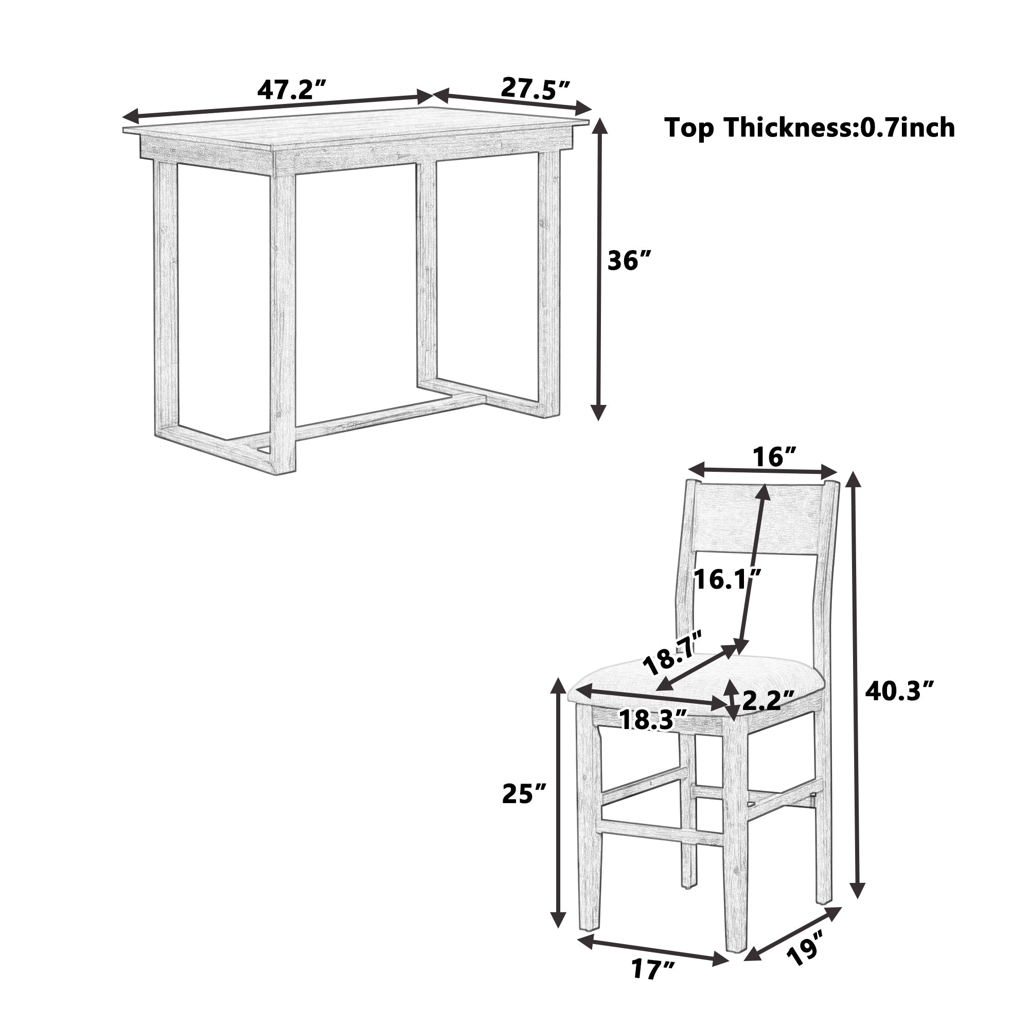 TOPMAX farmhouse countertop height 5-piece dining table set with 1 rectangular dining table and 4 brown dining chairs