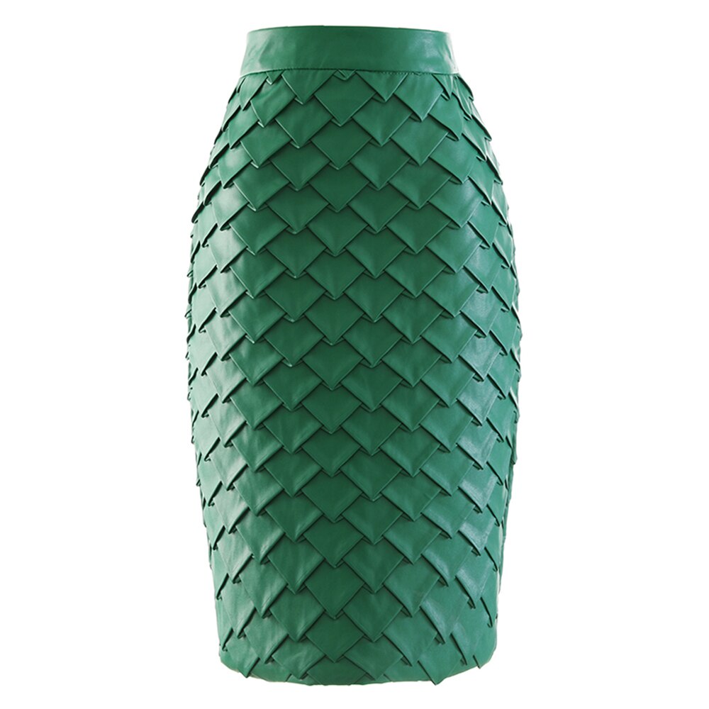 Vintage Knitted Midi Skirt For Women High Waist A Line Patchwork Solid PU Leather Skirts Female Clothes Fashion