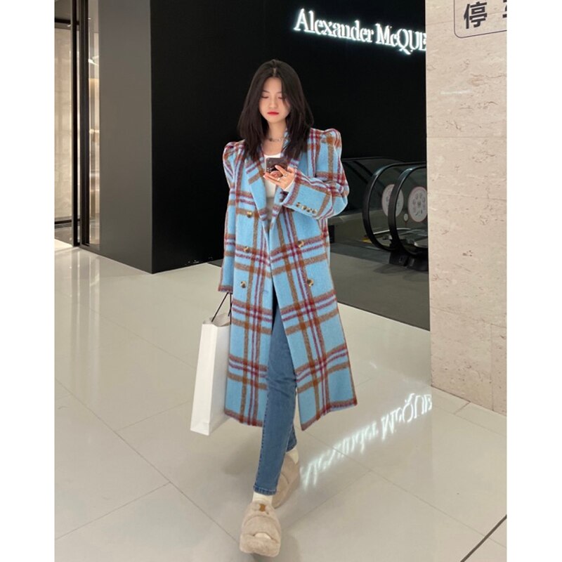Vintage Wool Loose Coat Winter Puff Sleeve Blue Checked Coat for Women Korean Style High Quality