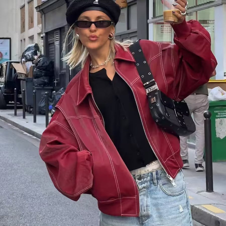 PU Autumn Winter Vintage Long Sleeve Patchwork Jackets Fashion Streetwear Pocket Coats