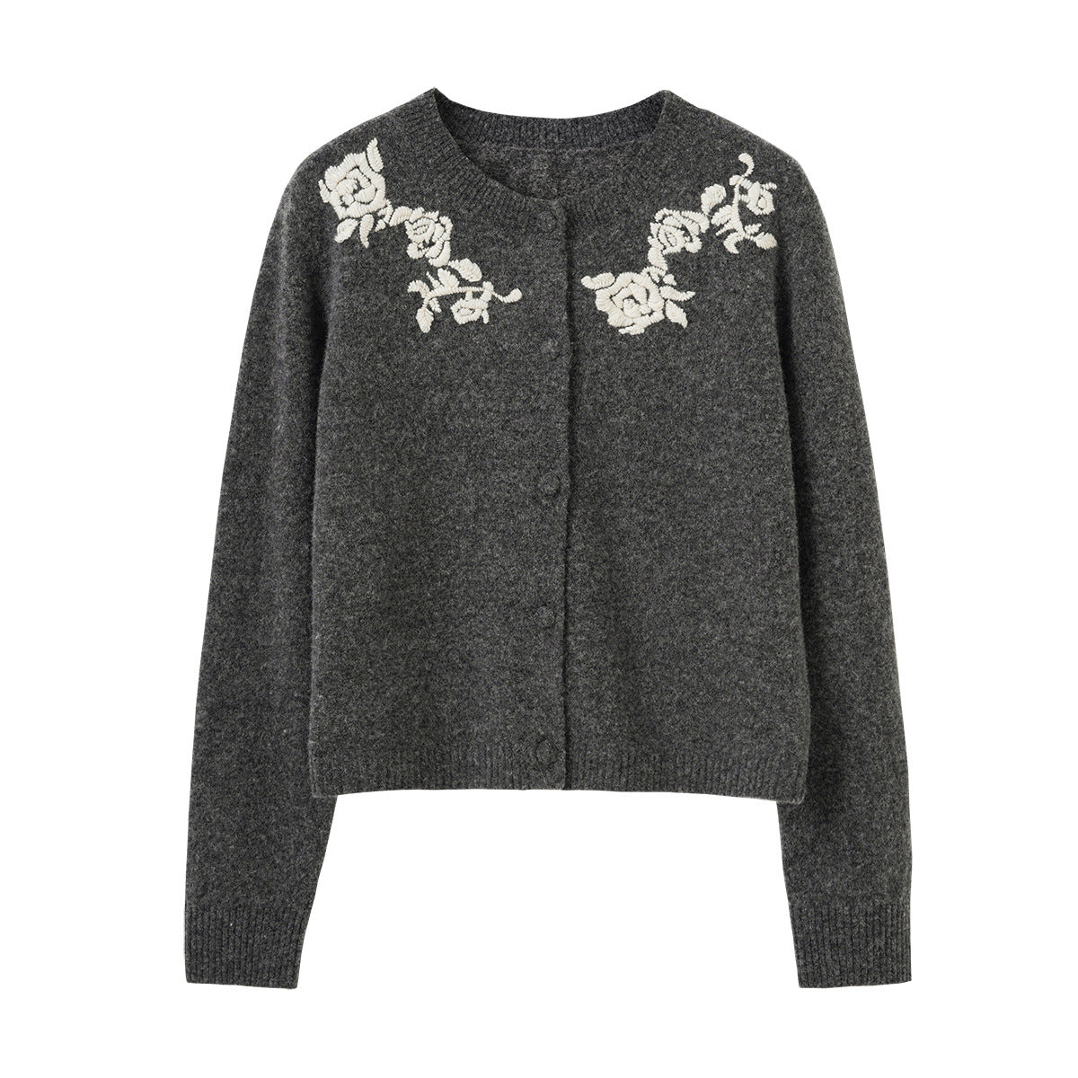 Gray Round Neck Knit Cardigan with Vintage Embroidery Fashionable High-End Embroidered Long Sleeve Wool Cardigan for Women