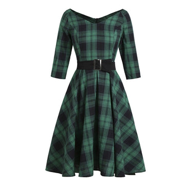 Tonval Green Plaid Elegant 1950s Style Vintage Robe V Neck High Waist Dress 3/4 Length Sleeve Women Retro Clothes Midi Dresses
