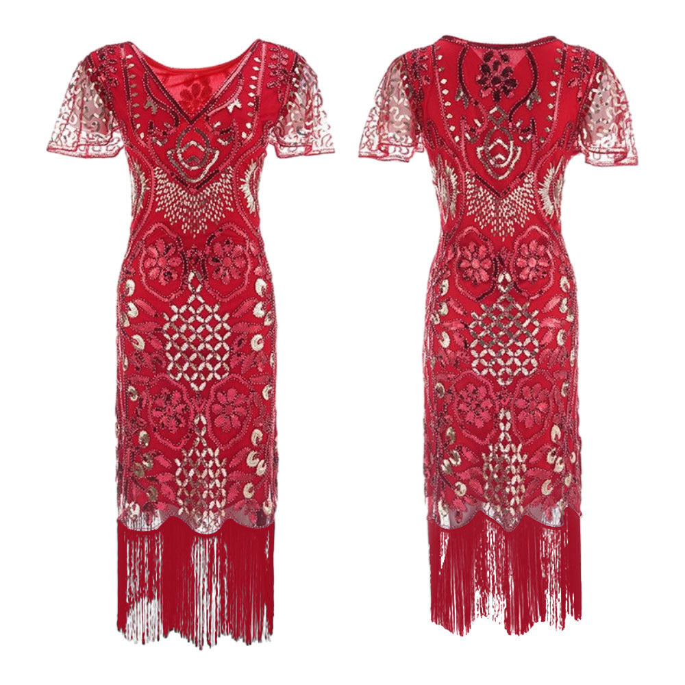 Party 1920s  Style Retro Gatsby V-Neck Evening Dress with Sequins and Fringe Short Sleeve Dress