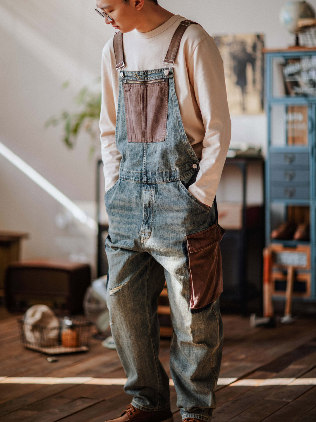 Distressed Denim Contrast Overalls