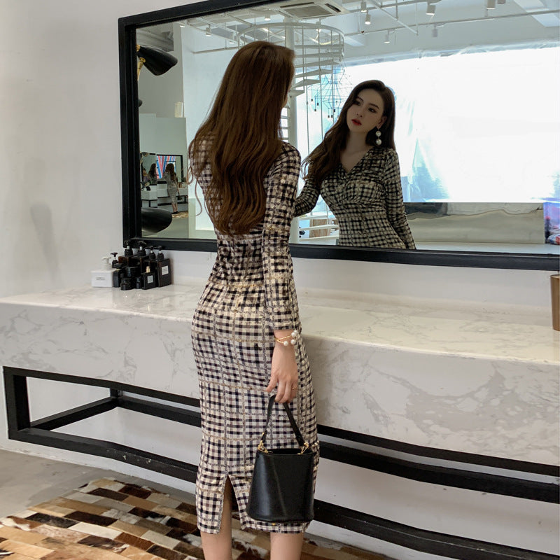 V-neck Dress Slim Fit Plaid Waist Tight Hip Skirt