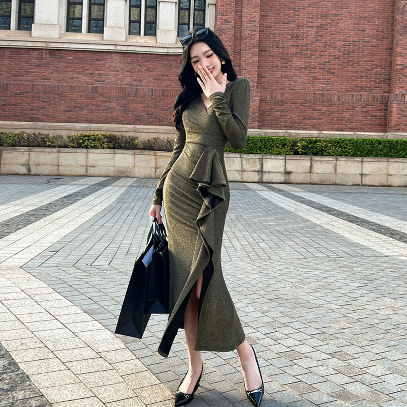 V-neck Hip Long Dress Slimming Long Sleeves Dress