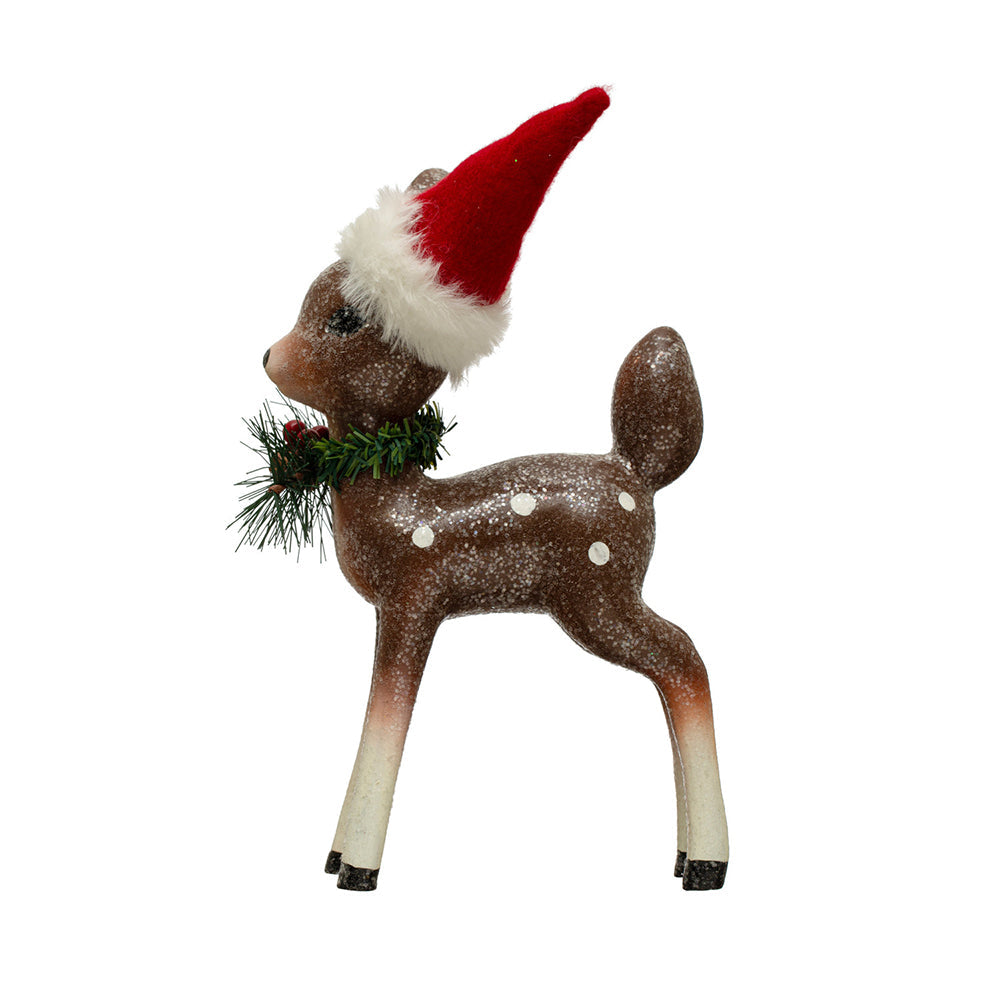10" Christmas Fawn w/ Santa Hat & Glitter
