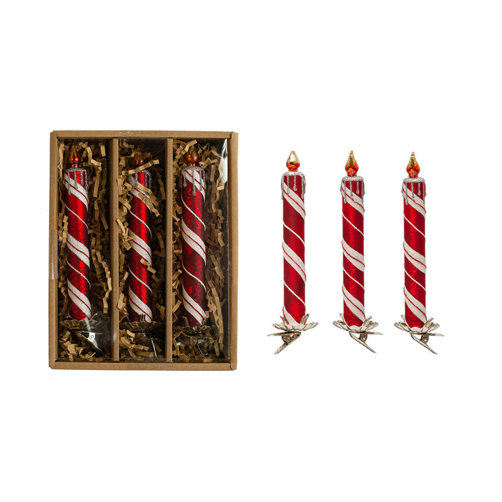 6"H Glass Candle Clip-on Ornaments w/ Glitter, Red & White, Set of 3