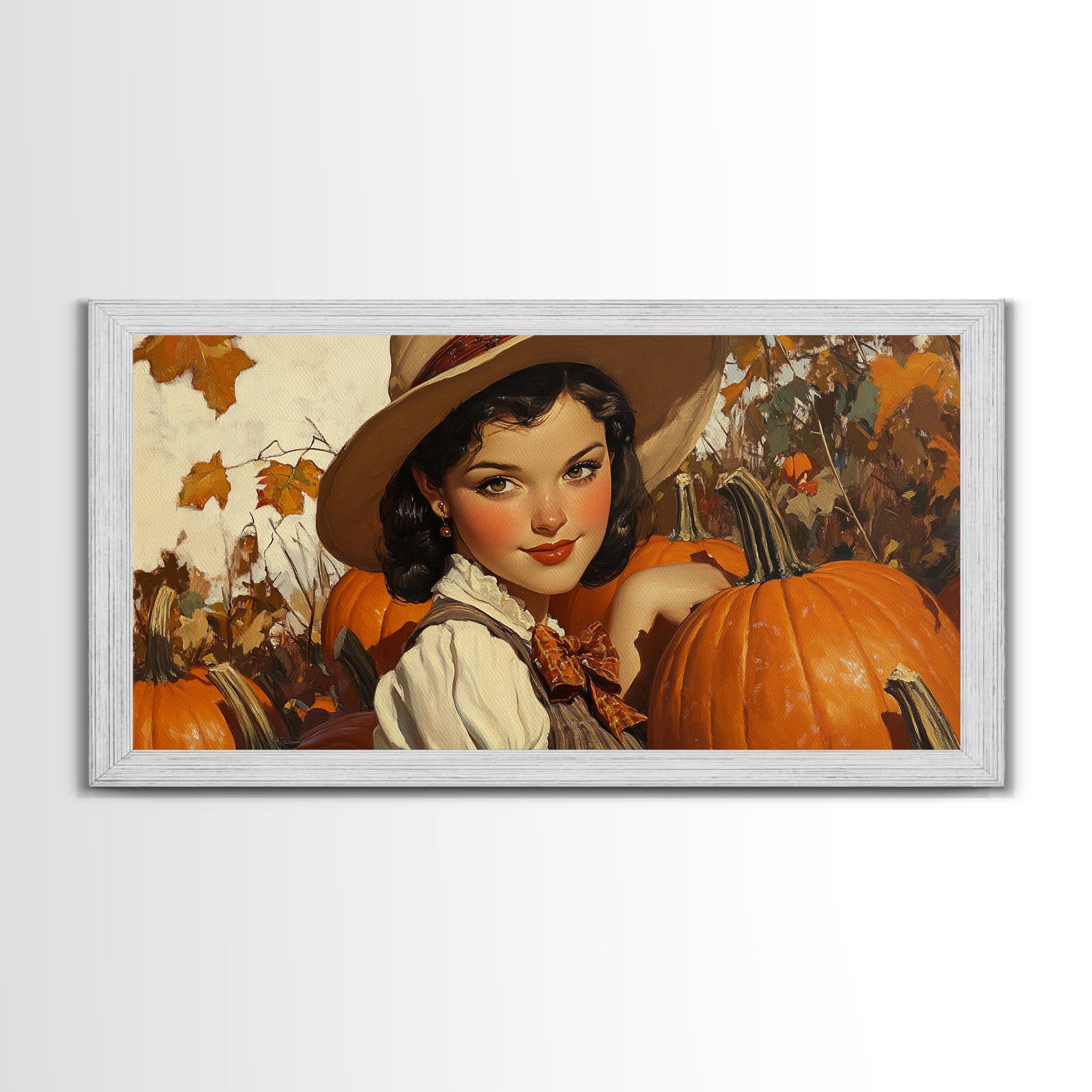 Cowgirl In A Pumpkin Patch, Framed Canvas Print, Retro Style Fall or Thanksgiving Wall Art, Farmhouse Decor, Christmas Wall Decor Gift