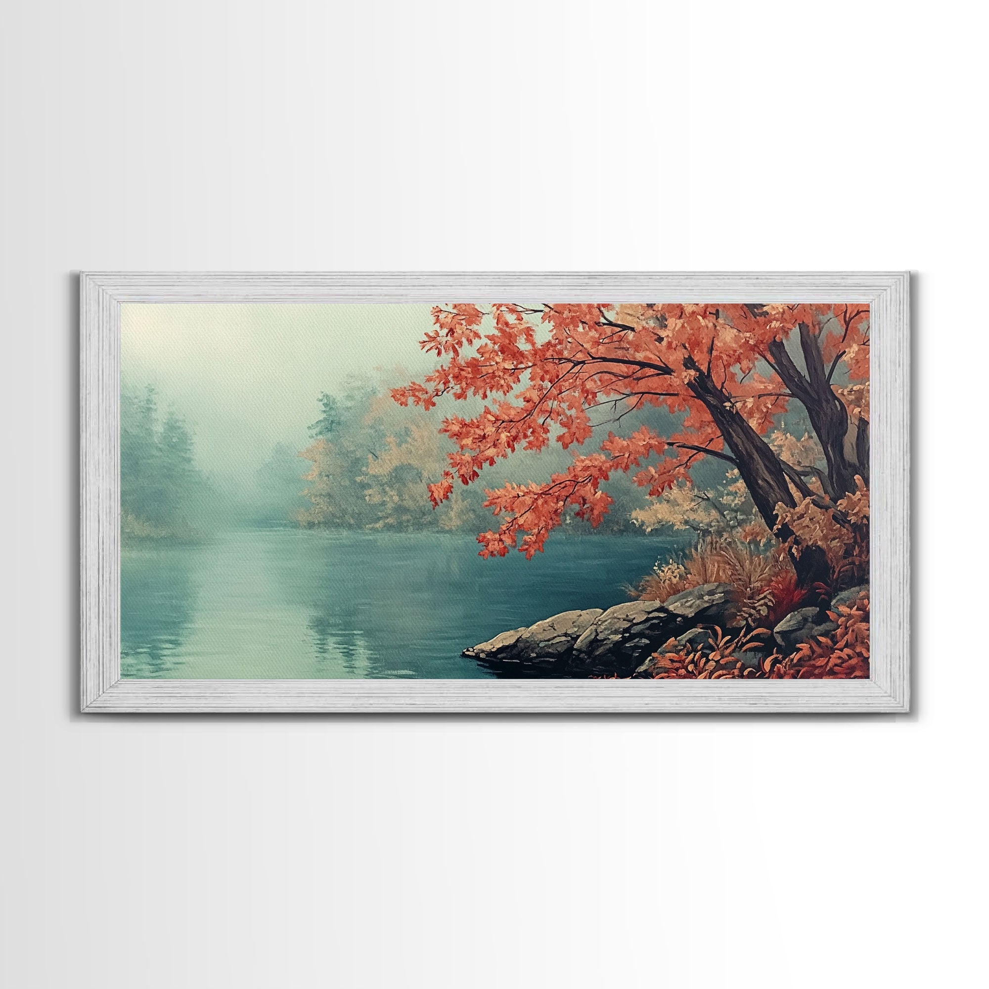 Fall On The Lake, Watercolor Landscape Painting Framed Canvas Print, retro holiday decor wall art with nostalgic vibe