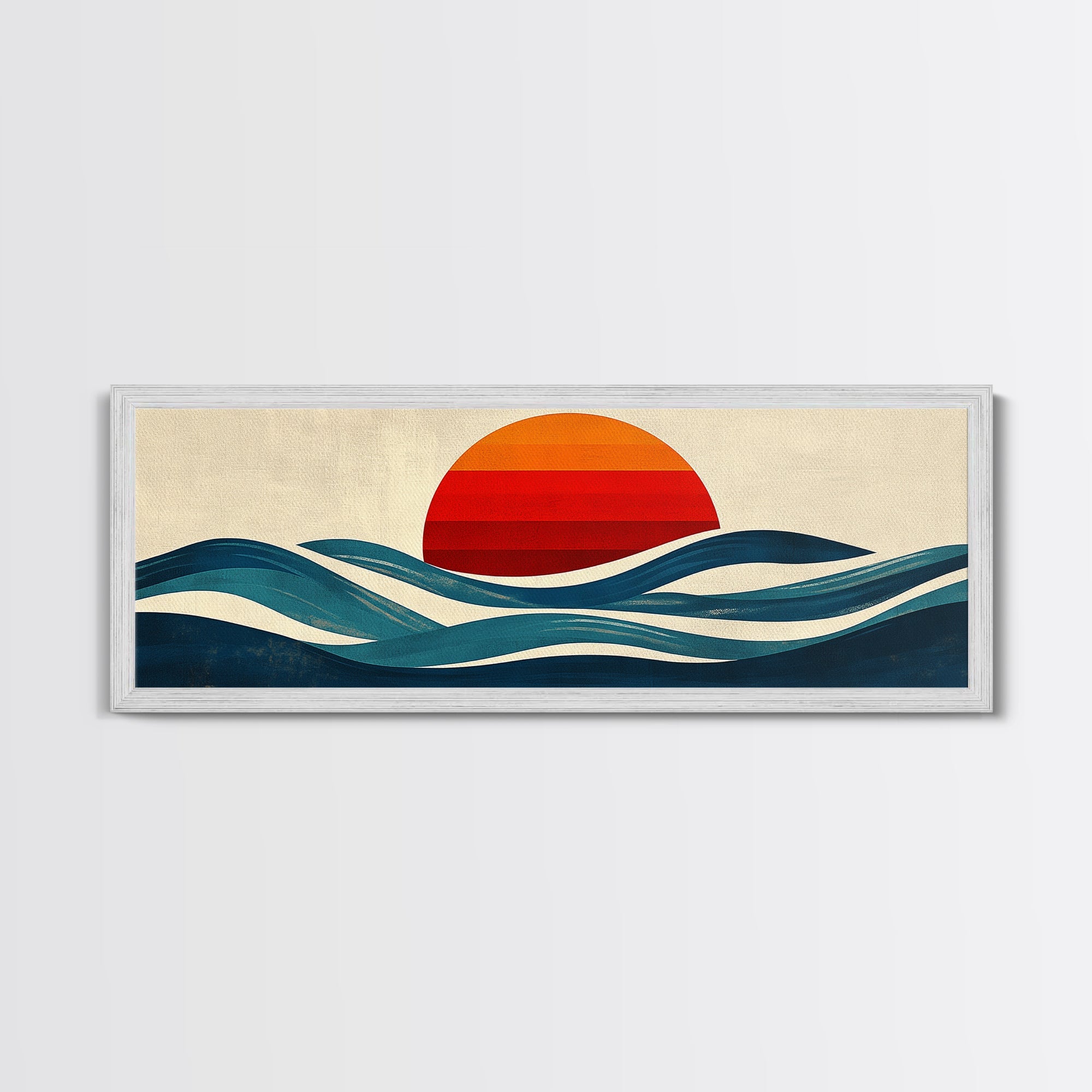 Retro Art Deco Sunset over The Ocean, Framed Canvas Print, Vector Image Style Artwork, Wood Frame, Boho / Eclectic Home Decor, Minimalist Decor