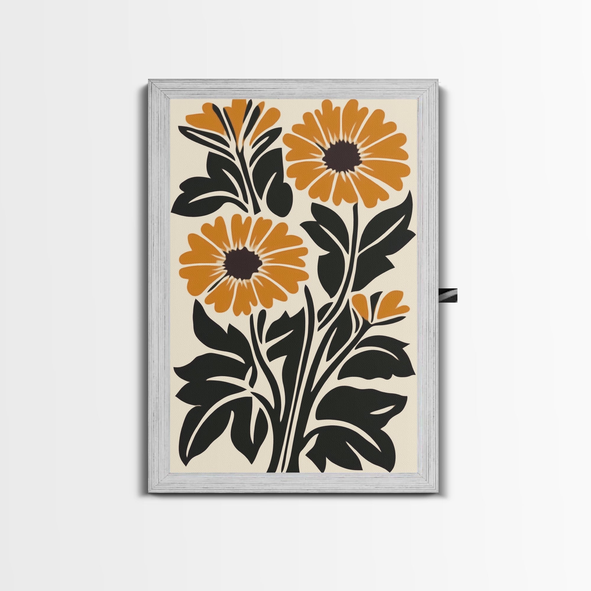 Midcentury Modern Boho Flowers Bouqet Wall Art Canvas Print, MCM Wall Art, Retro Style Abstract Art, Orange Flowers on White Background