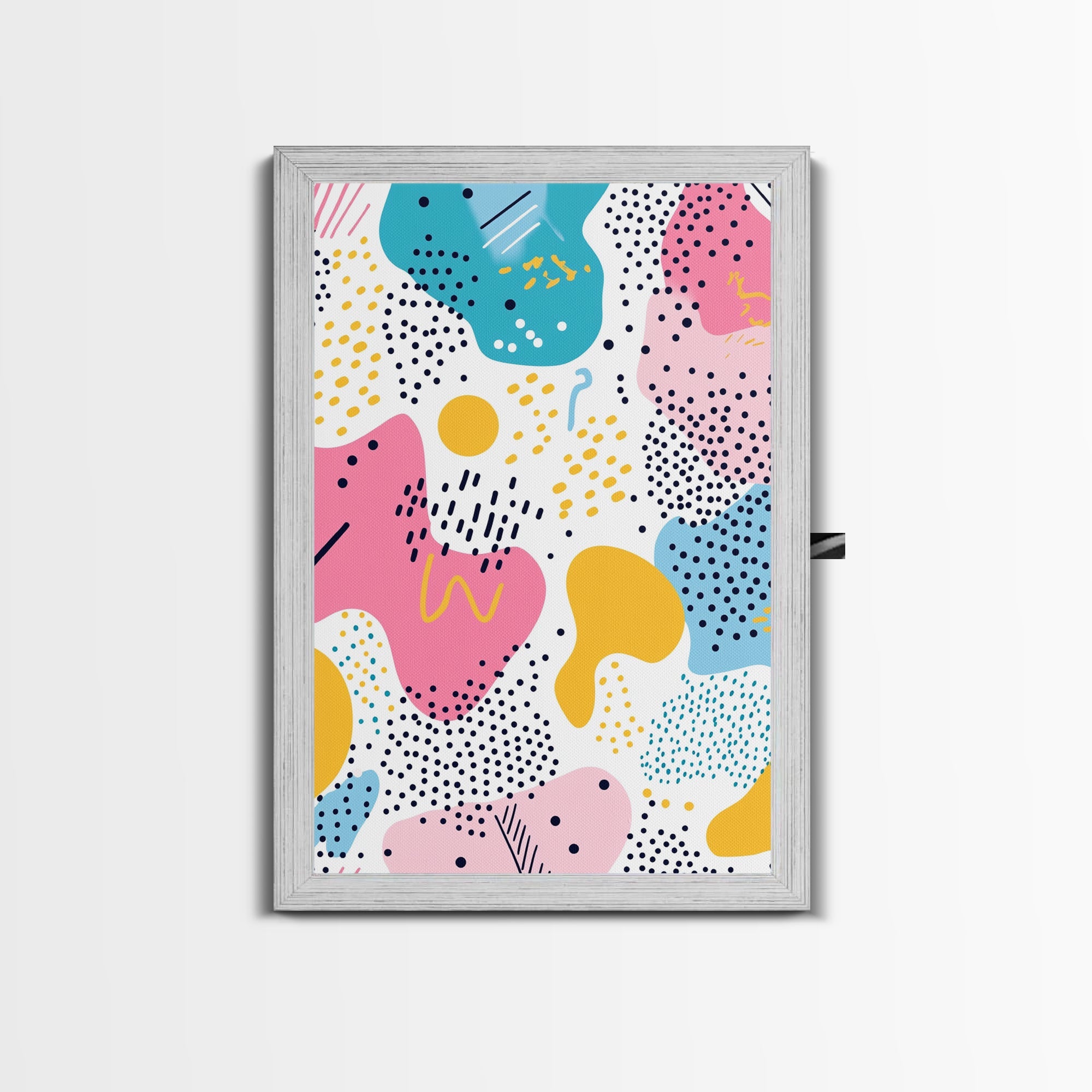 Retro 90s Style Wall Art, Framed Canvas Print, Abstract Shapes and Dots