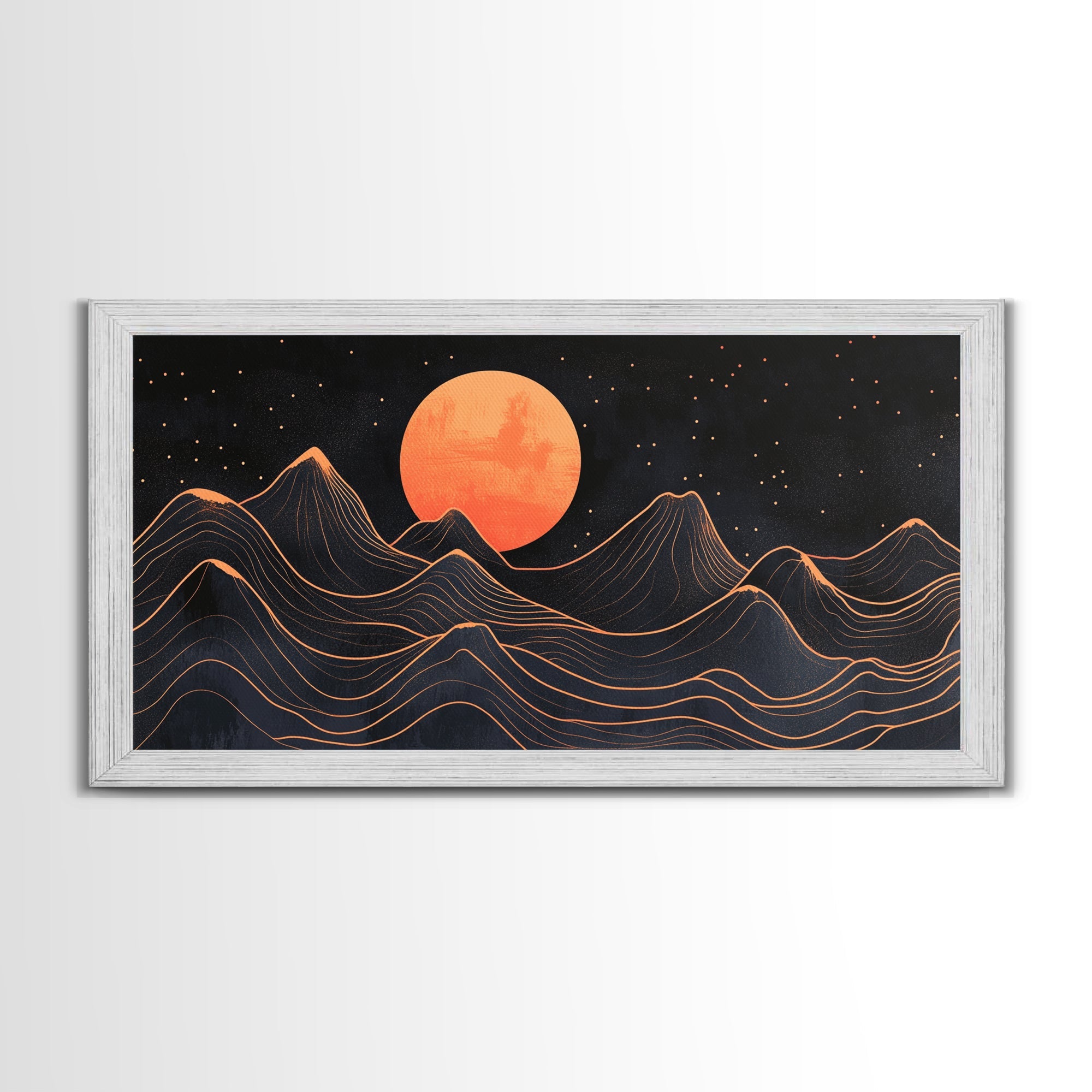 Art Deco Style Abstract Art, Orange Blood Moon Over Mountain Landscape, Retro Home Decor