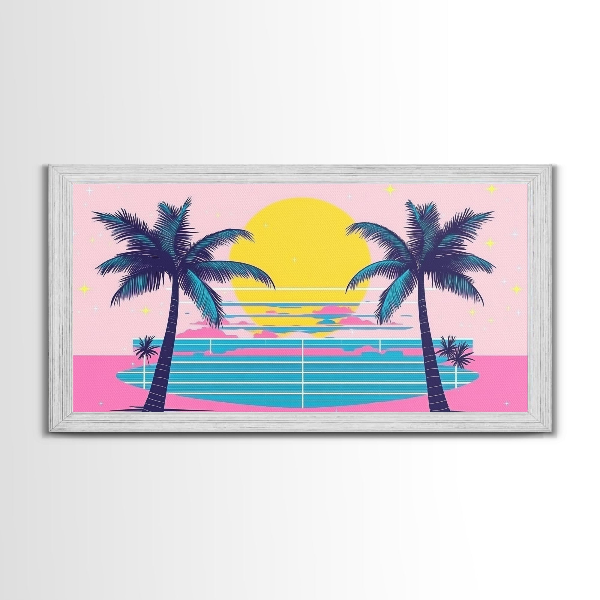 Retro Synthwave Wall Art, Outrun Home Decor Framed Canvas Print, Two Palm Trees and a Sunset
