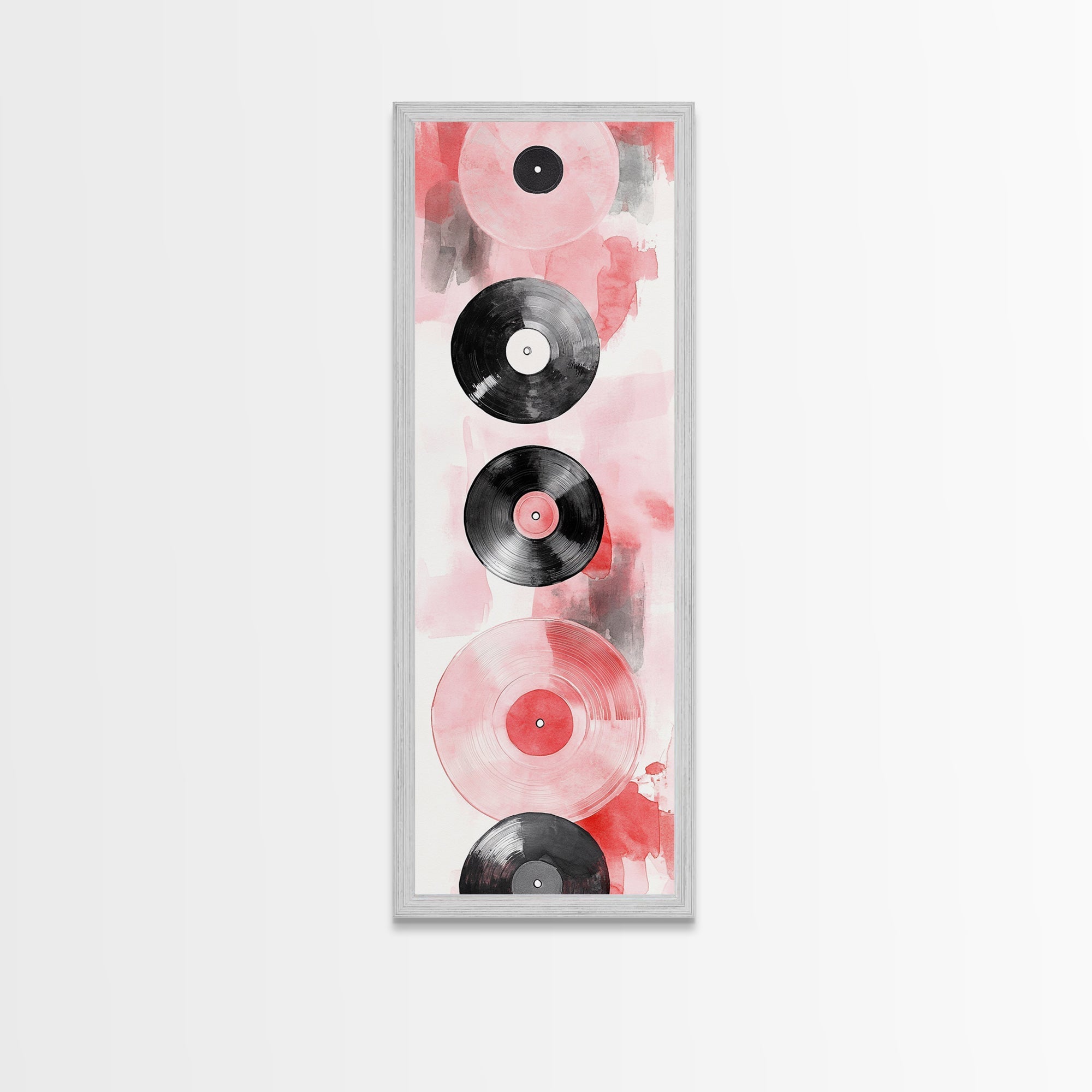 Abstract Vinyl Records Canvas Print, Retro Music Lover Wall Art, Light Pink Minimalist Art, Vertical Skinny Living Room Decor