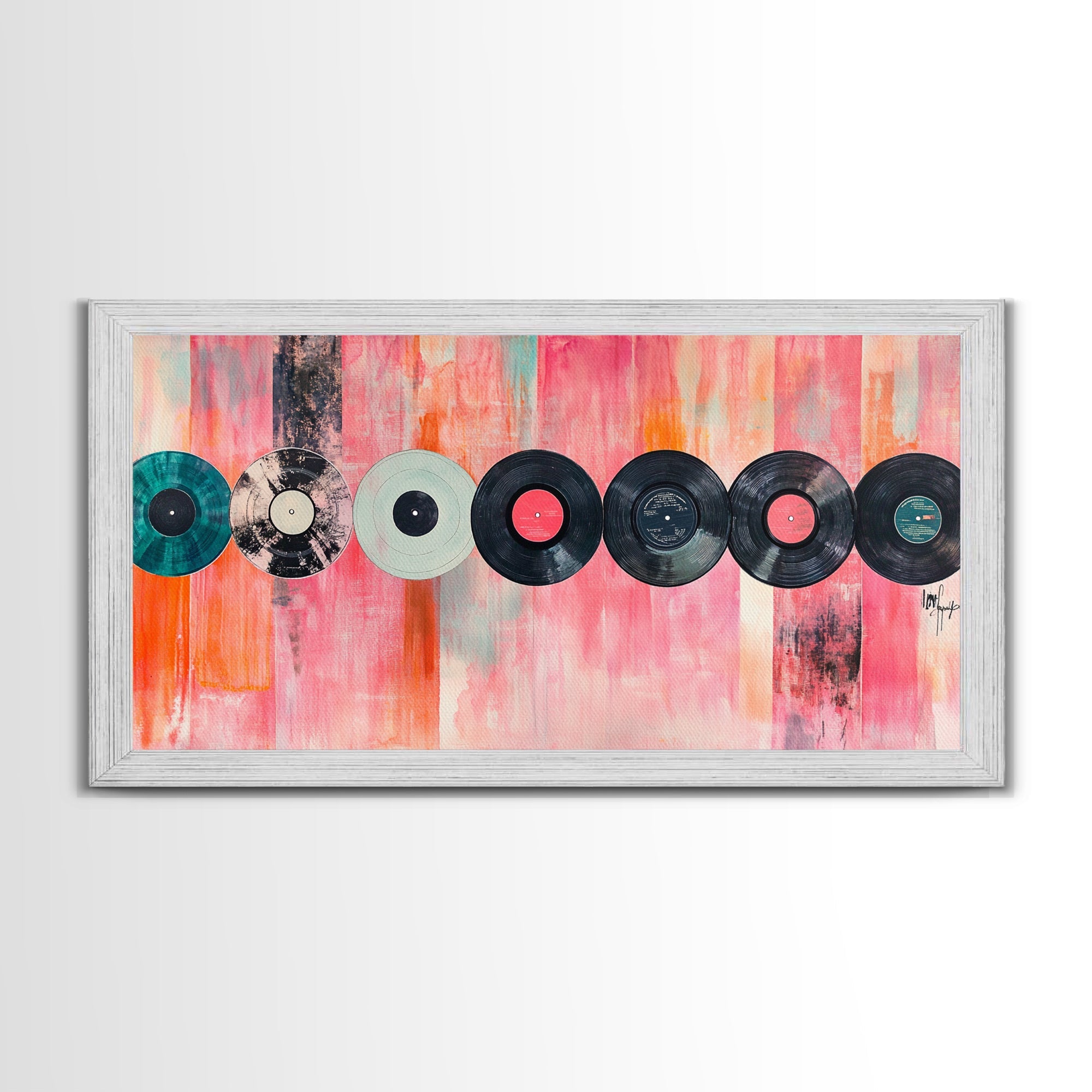 Vinyl Record Wall Art Framed Canvas Print, Pink Orange Abstract Music Art, Retro Living Room Art Minimalist Gift Idea Her