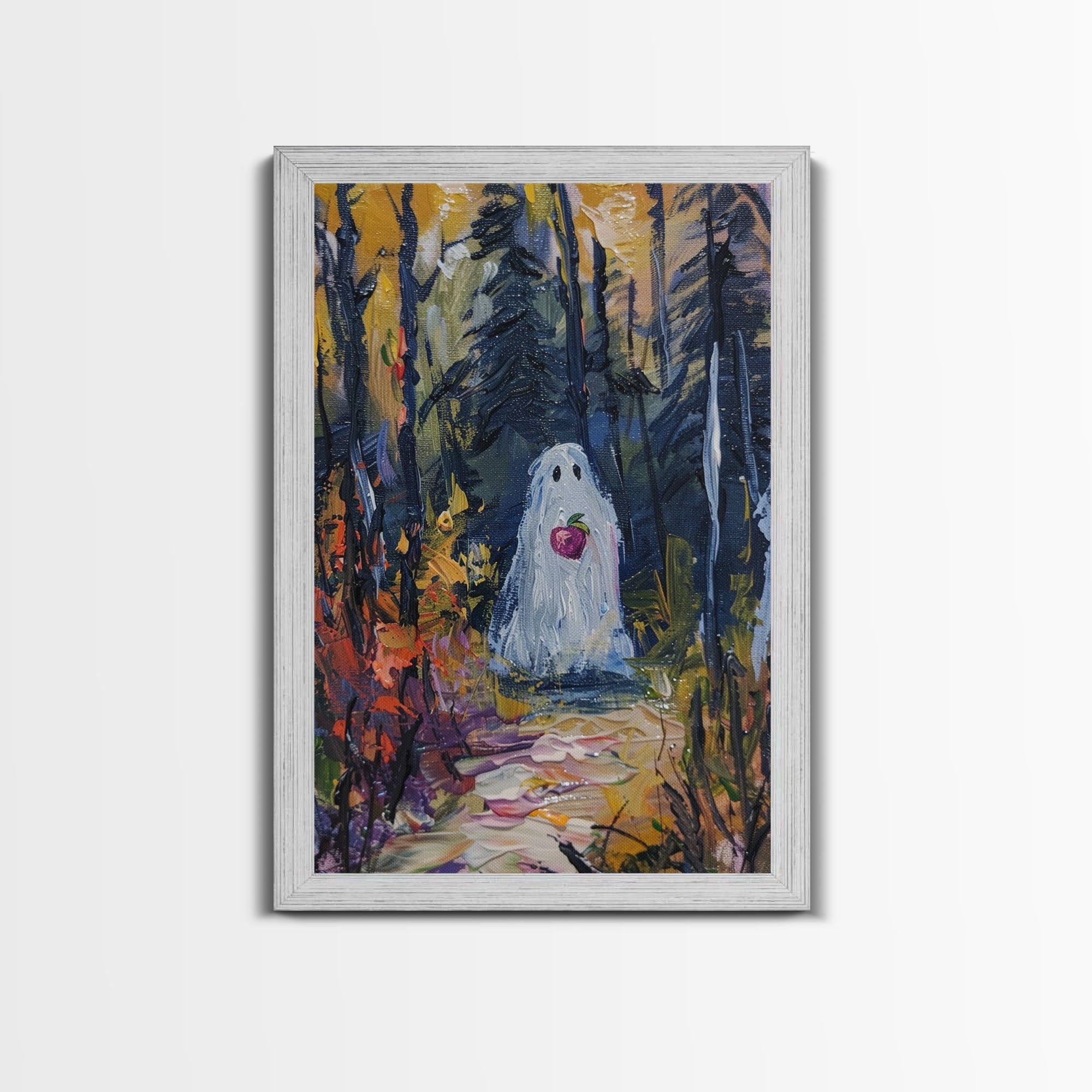 Halloween Ghost in Forest with Apple Framed Canvas Print, Whimsical Spooky Decor, Living Room Art, Fun Halloween Art, Home Decor, Retro Art