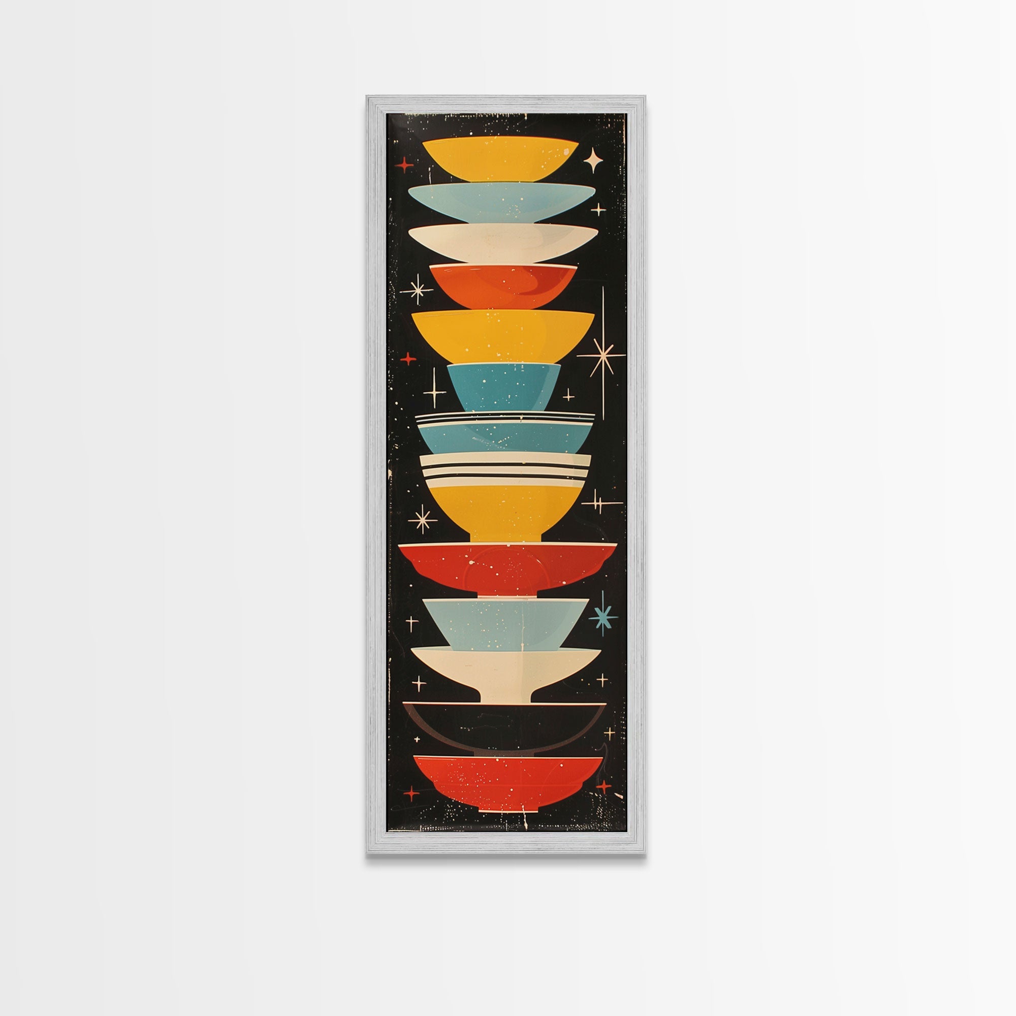 Retro Stacked Bowls Art in Midcentury Style - Framed Canvas Print, Skinny Tall Art for Living Room or Bedroom Decor