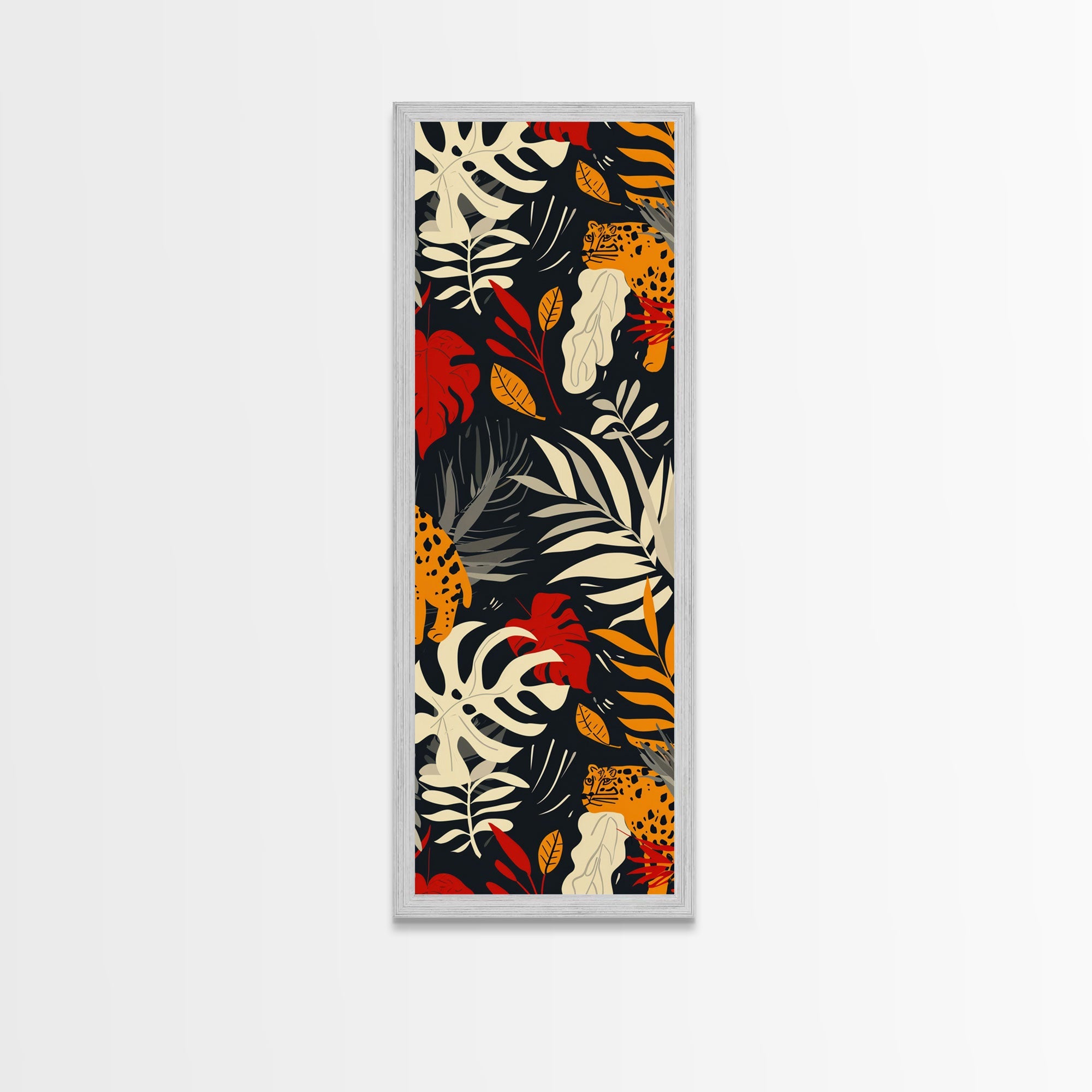 Jungle Foliage and Leopard Design on Black Background - Framed Canvas Print, Midcentury Modern Art, Skinny Art, Tall Art, Living Room Wall Decor, Boho Art