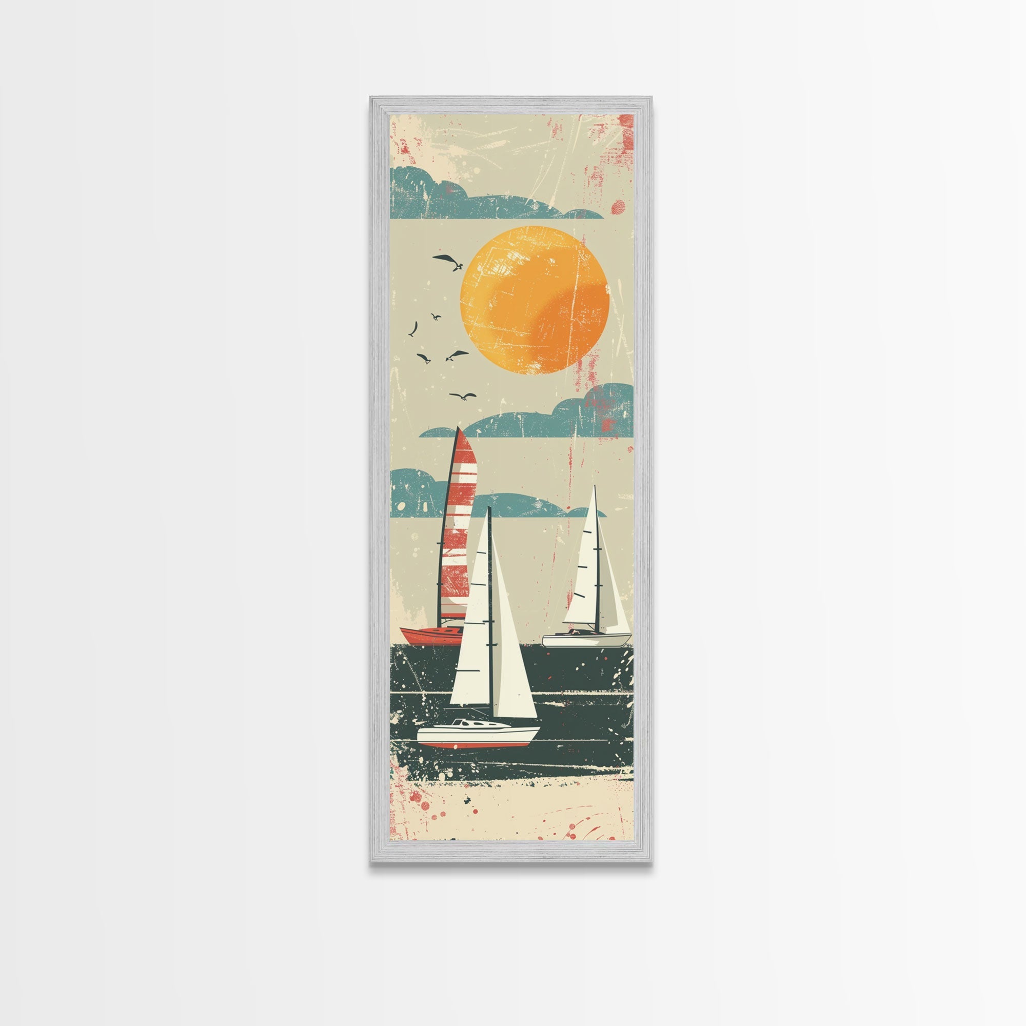 Sailboats Under the Sun, Retro Japanese Art Style Framed Canvas Print, Tall Skinny Art with a Vintage Touch