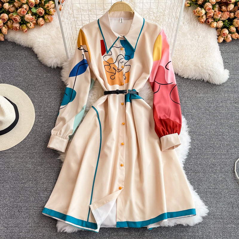 Autumn New Style Retro Temperament Mid-Length High Waisted Slim Printed Lapel Single Breasted Dress