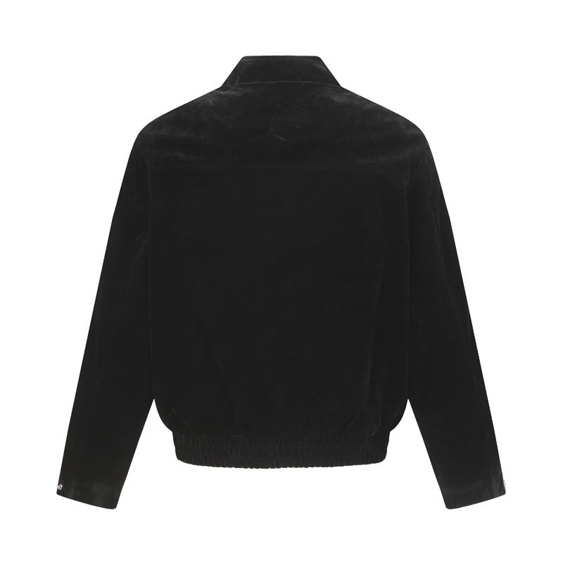 Retro Suede-Like Stand Collar Harrington Workwear Jacket, Trendy Clean Fit Oversized Outerwear for Men