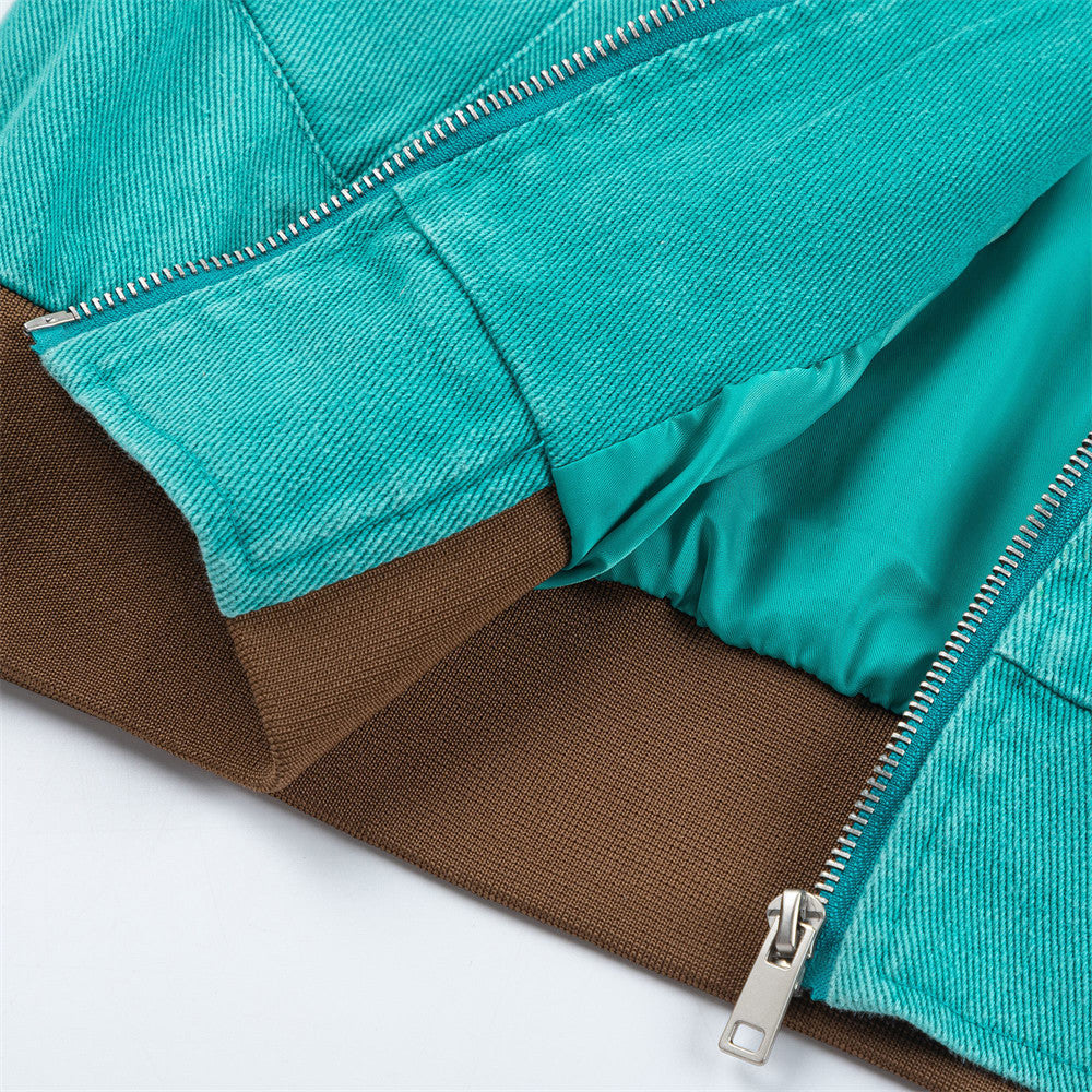 Retro Workwear Denim Jacket Men's Baseball Jacket Color Block Splicing Stand Collar Loose Short Coat