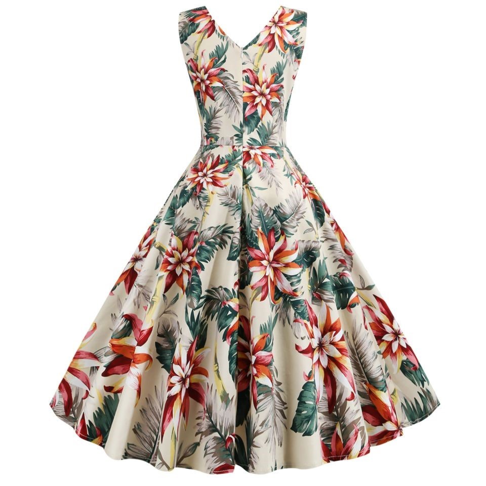 Vintage print sleeveless collar retro dress