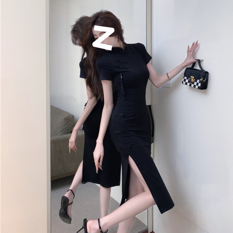 Vintage Button Modified Cheongsam Dress Women's High-Grade Black Dress Waist-Cinching Slit Pencil Skirt
