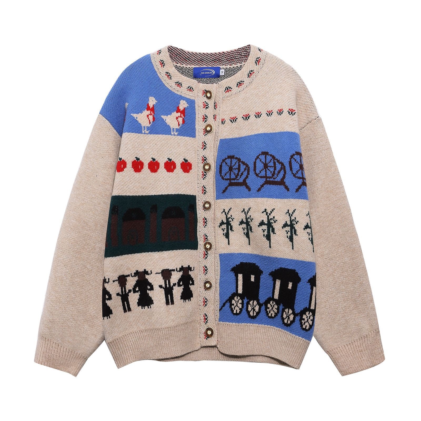 Casual Knit Cardigan with Cartoon Jacquard Pattern, Unisex Retro Style Sweater for Men and Women