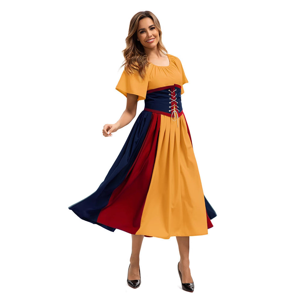 Style Medieval Retro Color-block Spliced Tie-waist Flared Dress for Costume Party Formal Dress