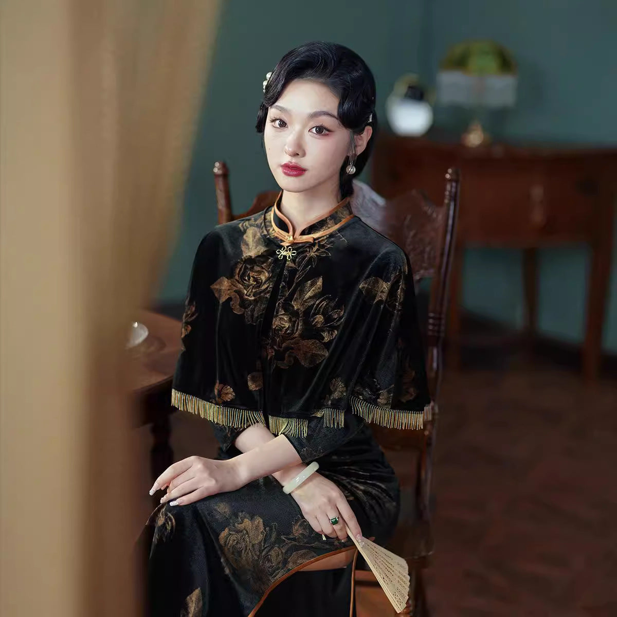 Autumn And Winter New Velvet Cheongsam Retro The Republic Of China Style Two-piece Set