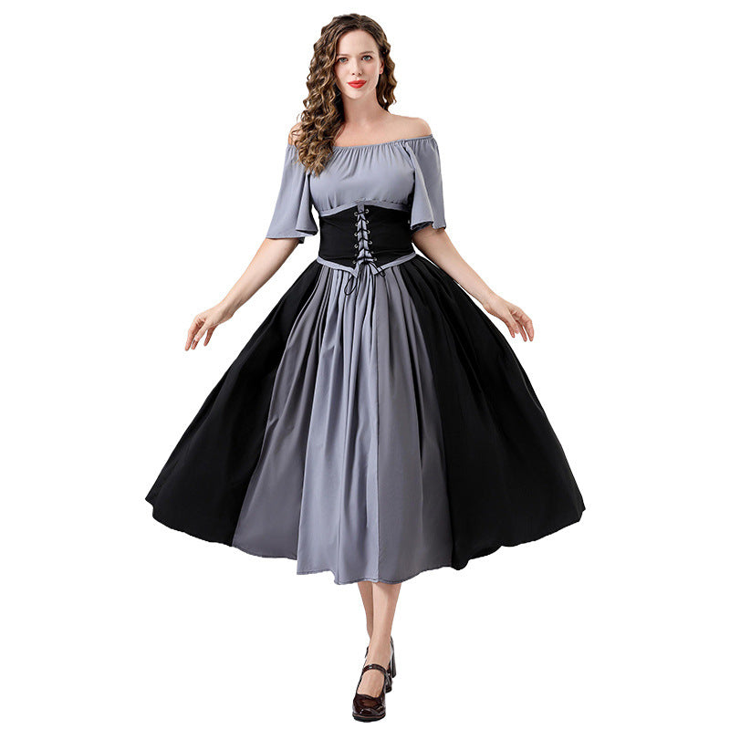 Medieval Vintage Dress with Patchwork Flutter Sleeves Princess Style Formal Gown Puffy Dress