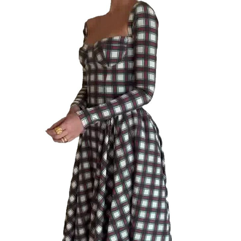 U-shaped collar checkered long sleeved slim fit belt retro dress for women
