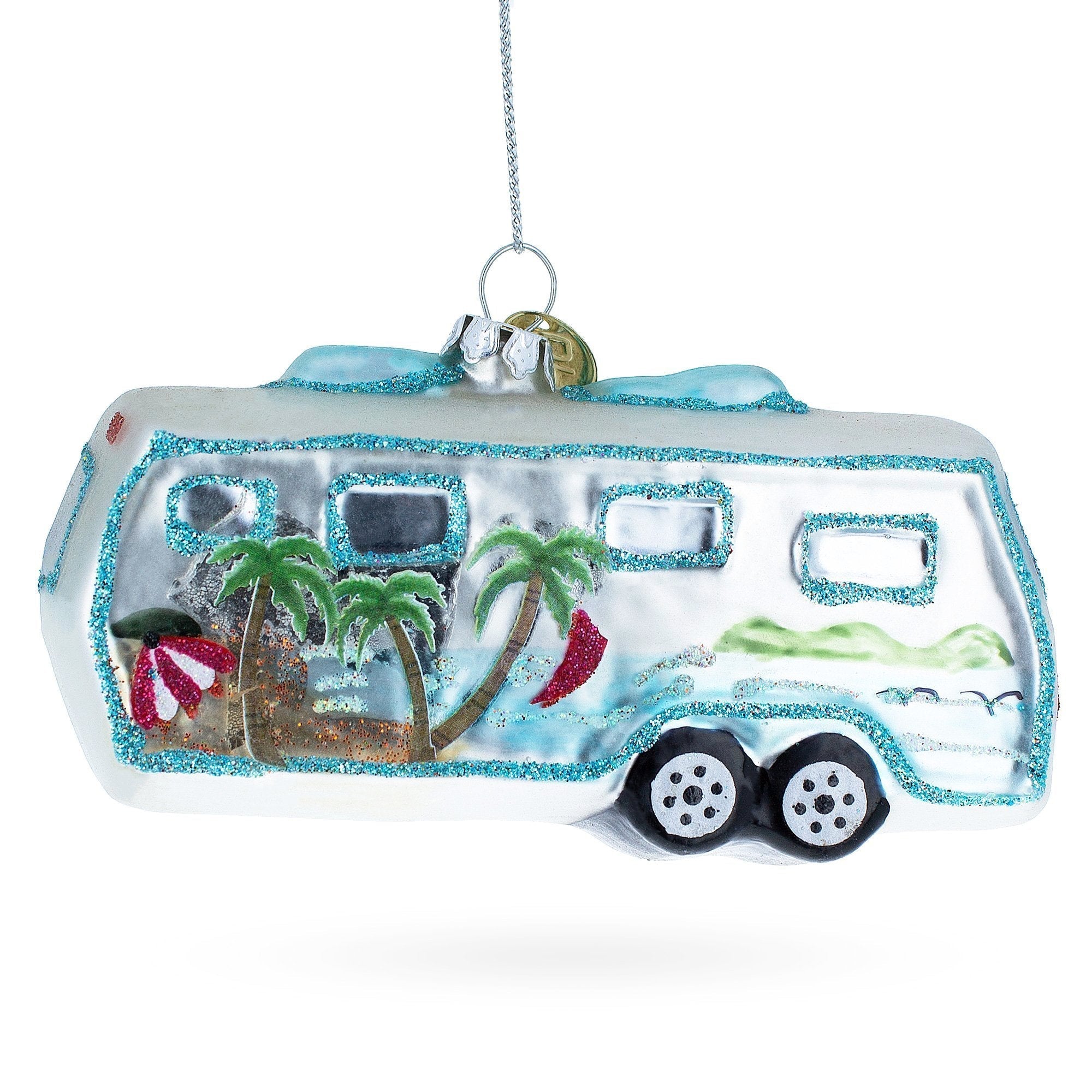Silver Camper Trailer Glass Christmas Ornament