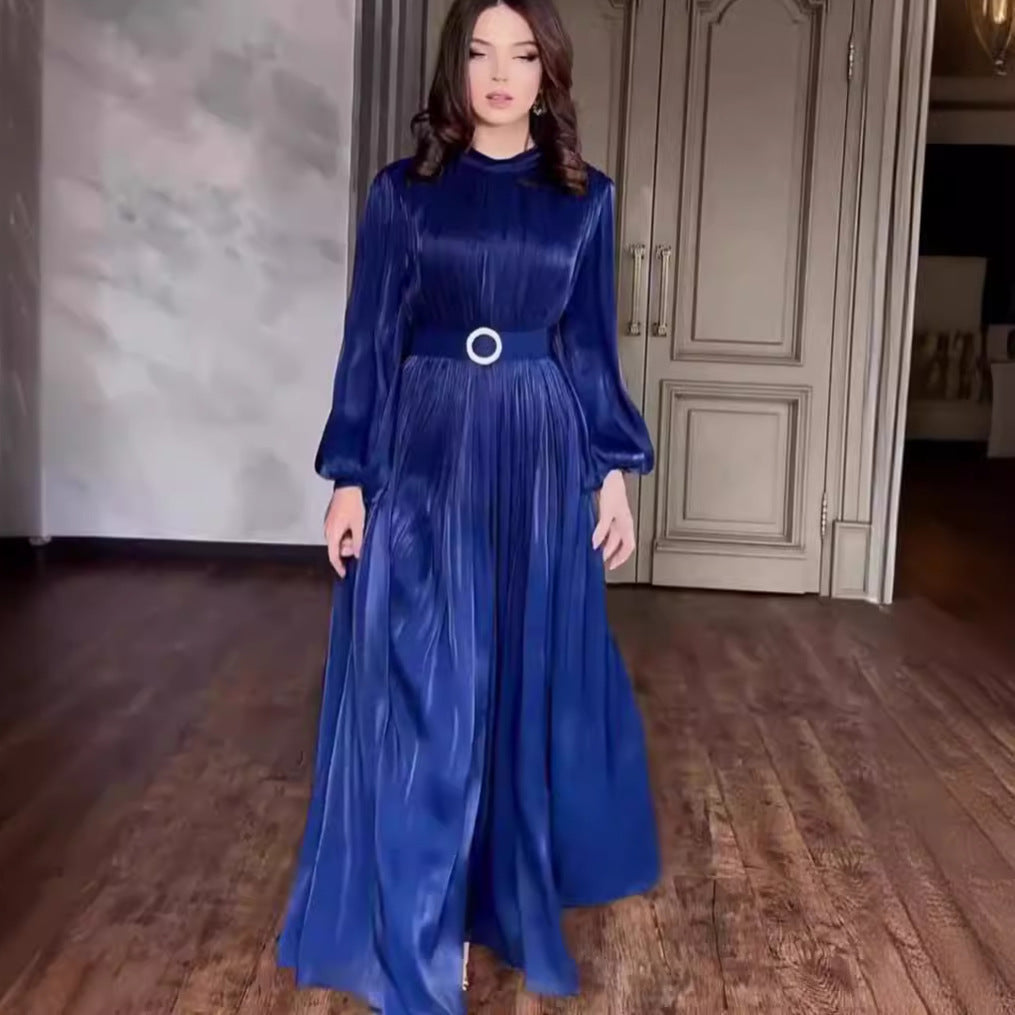 Round neck organza lantern sleeve long sleeved slim waistband retro dress