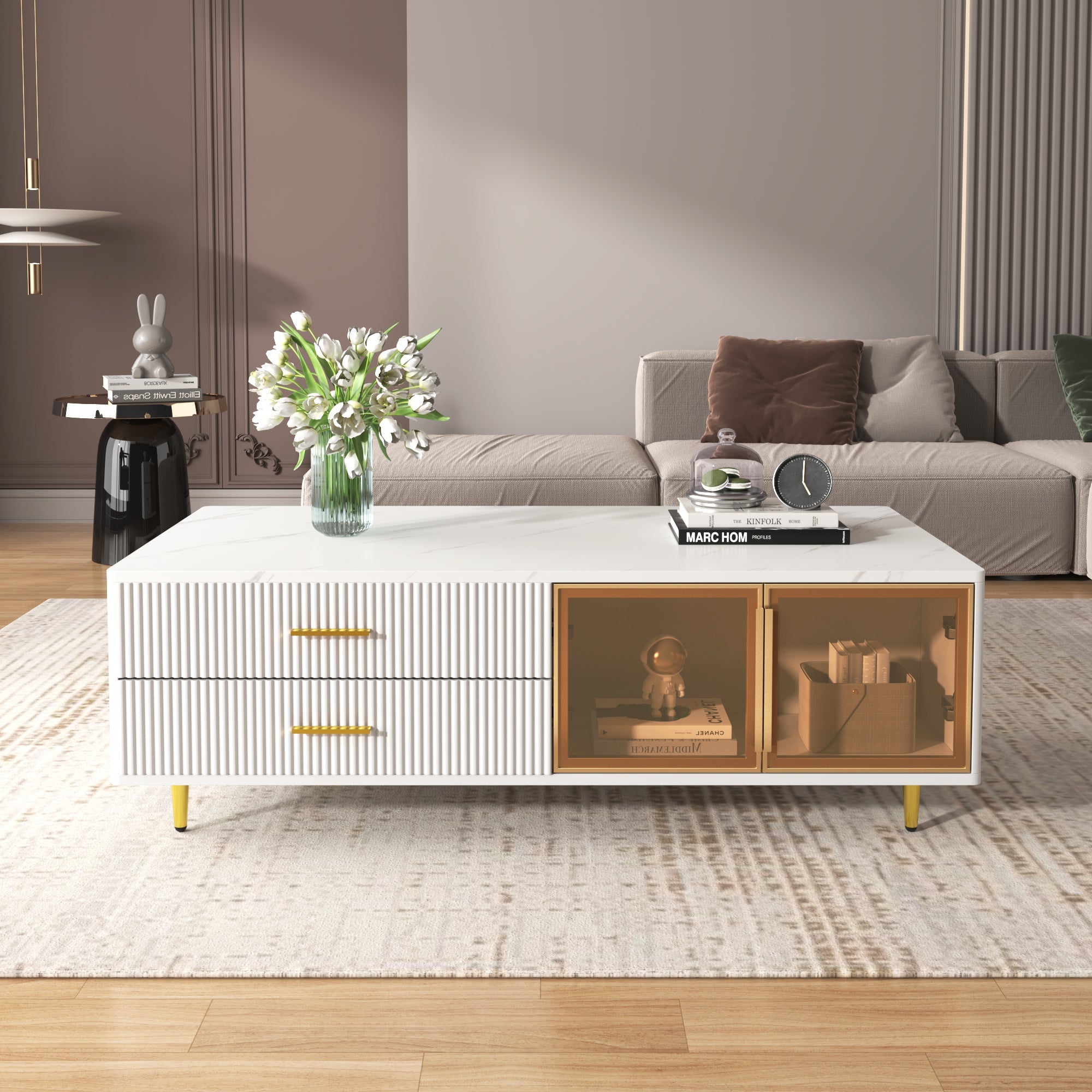 Modern White Coffee Table with 2 Glass Door Storage, 4 Drawers, Gold Metal Legs, and Multi-Color Lighting in 47.2'