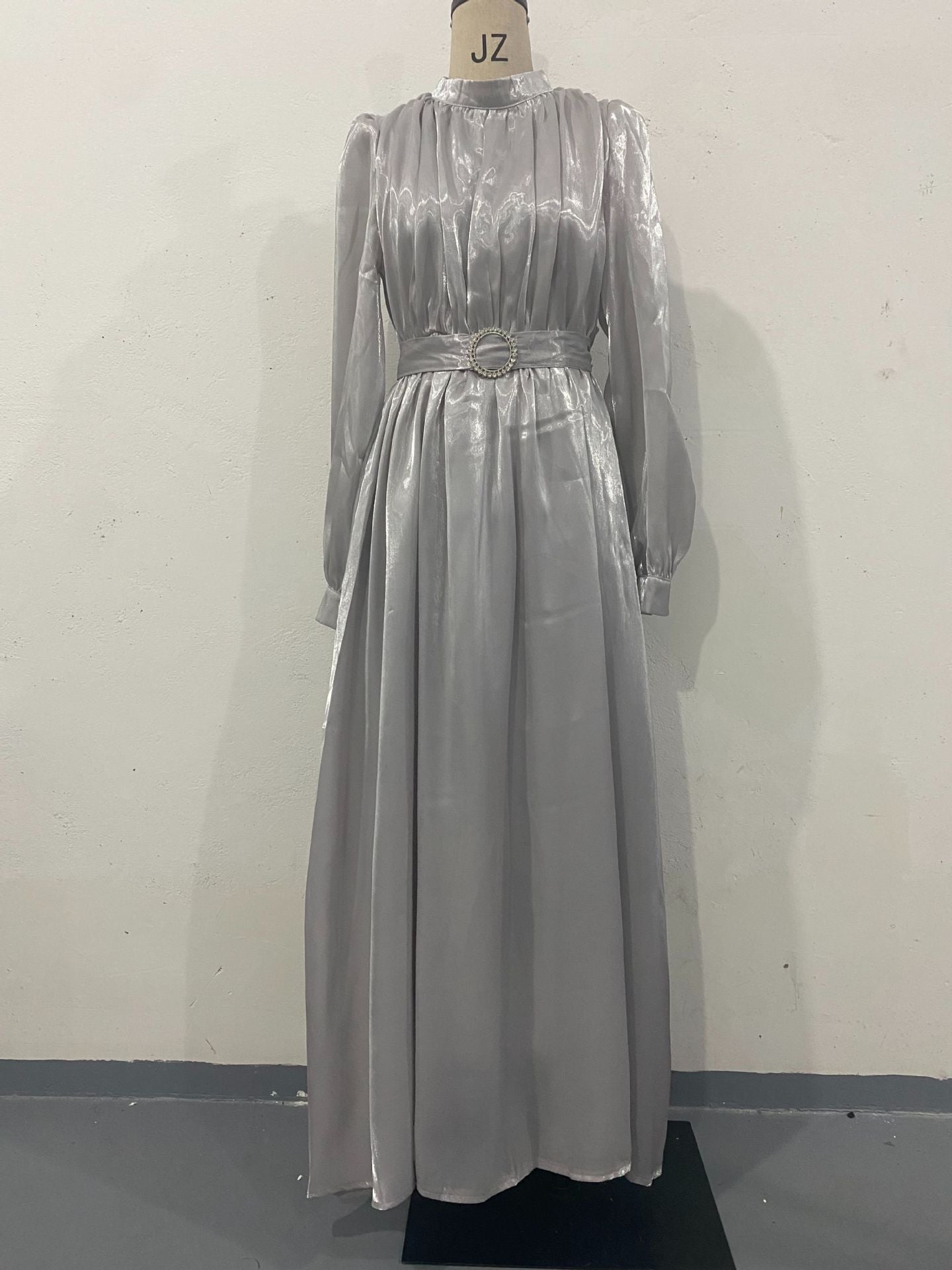 Round neck organza lantern sleeve long sleeved slim waistband retro dress