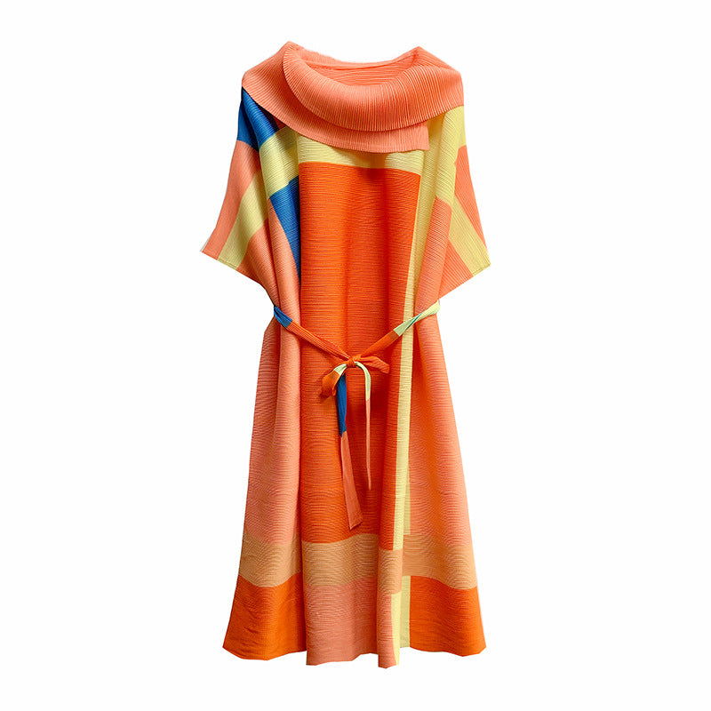 Pleated Print Dress Autumn New Women's Retro Style a Version Color Matching Lapel Pleated Long Skirt