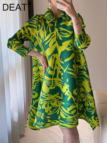 Vintage Pleated Print Irregular Dress Women Lapel Loose Single Breasted Spring Summer New Elegant Fashion Tide