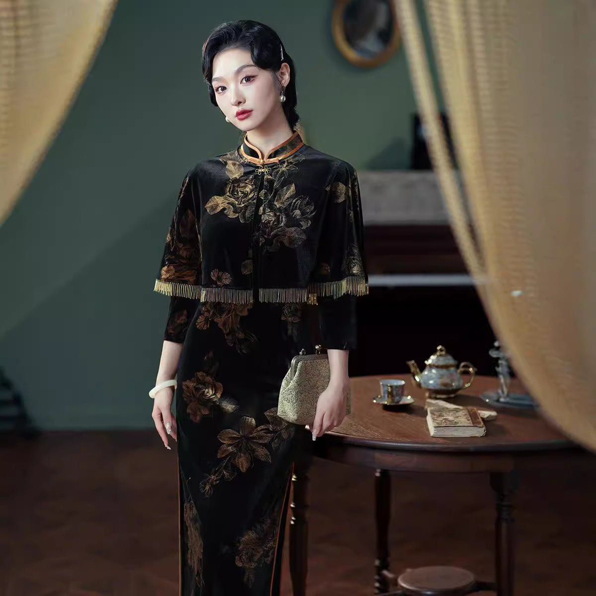Autumn And Winter New Velvet Cheongsam Retro The Republic Of China Style Two-piece Set