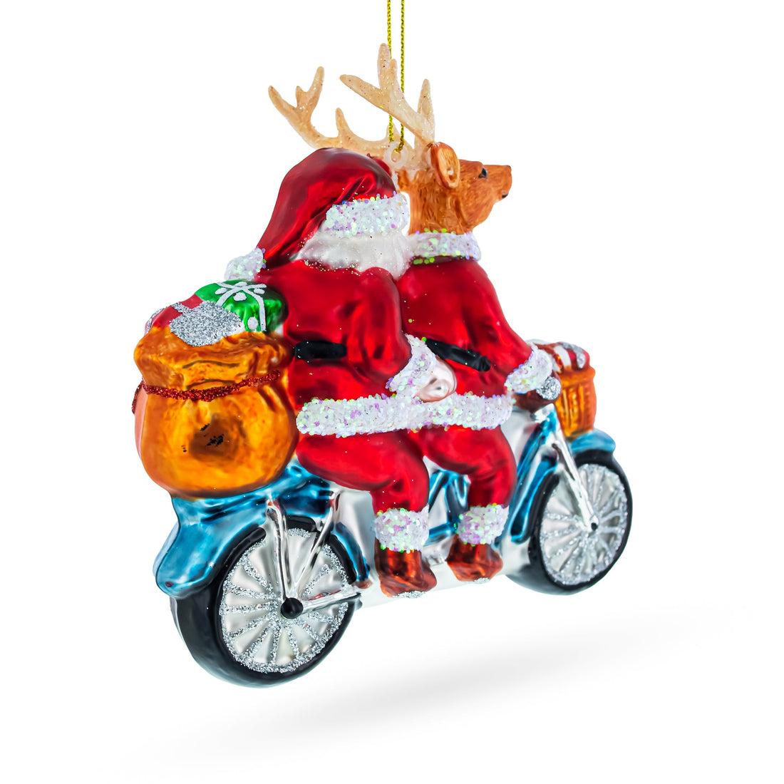 Santa and Reindeer Riding a Tandem Bike Glass Christmas Ornament