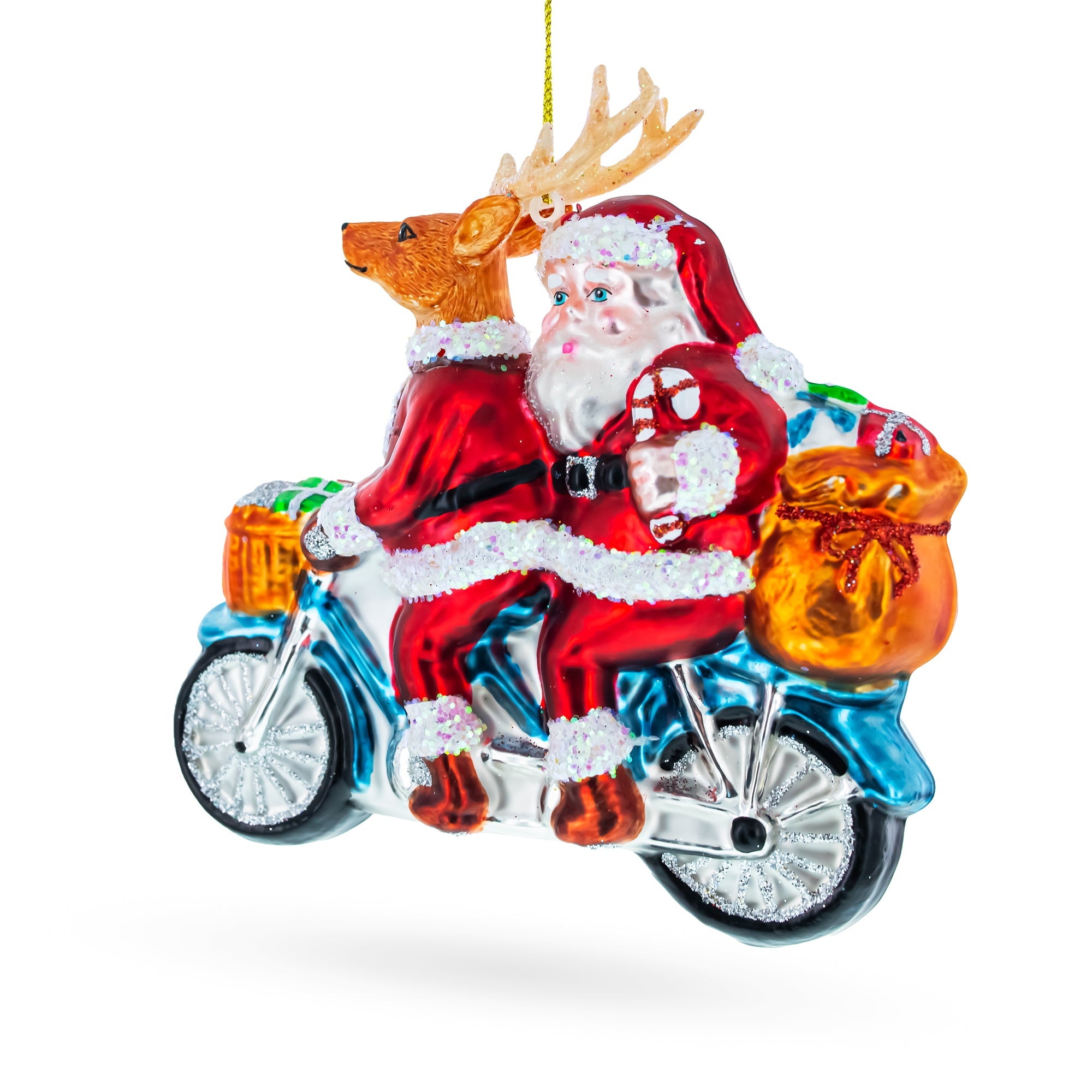 Santa and Reindeer Riding a Tandem Bike Glass Christmas Ornament