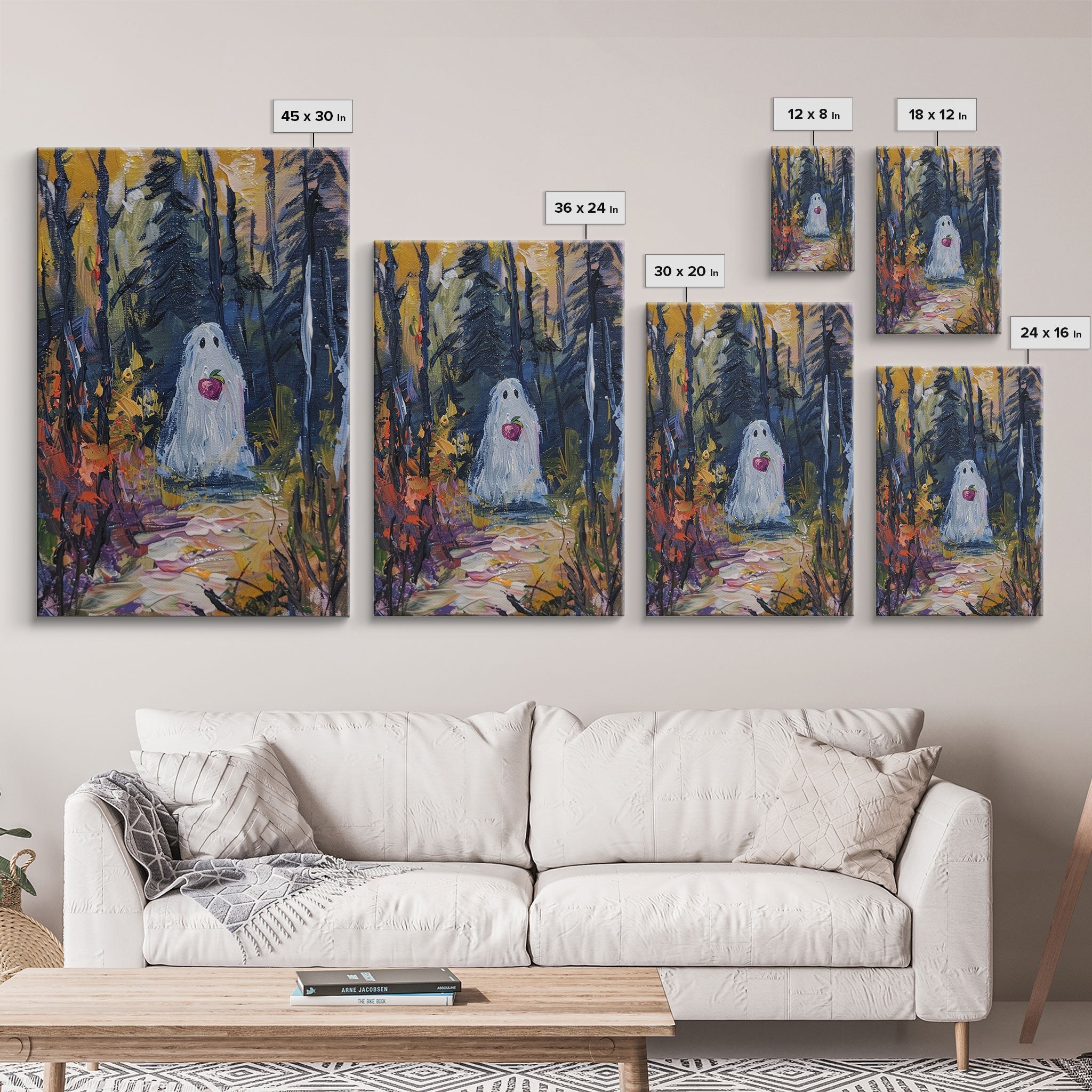 Halloween Ghost in Forest with Apple Framed Canvas Print, Whimsical Spooky Decor, Living Room Art, Fun Halloween Art, Home Decor, Retro Art