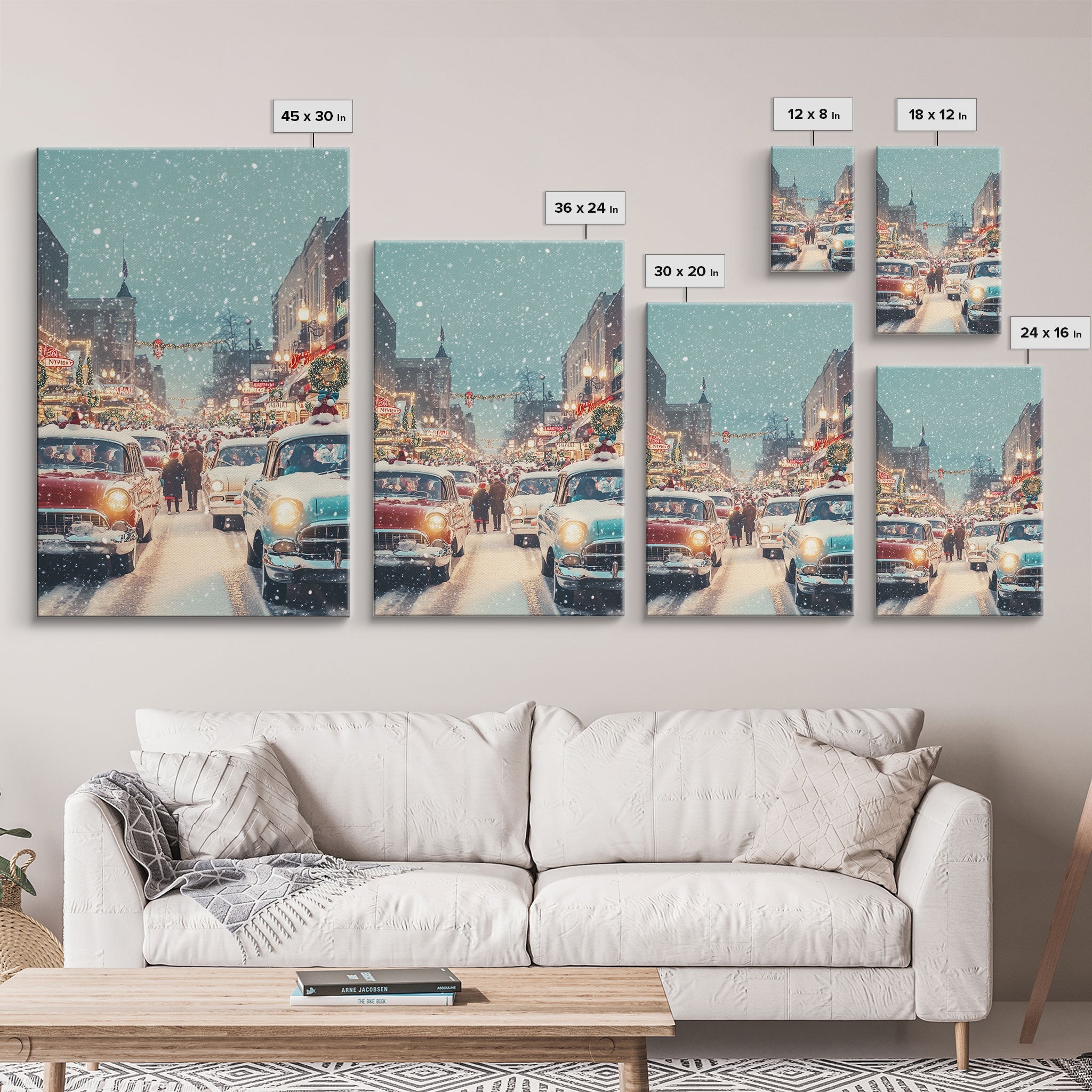 Retro Christmas Parade on Snowy Main Street with Classic Cars and Holiday Decorations, Framed Canvas Print for Christmas Wall Decor