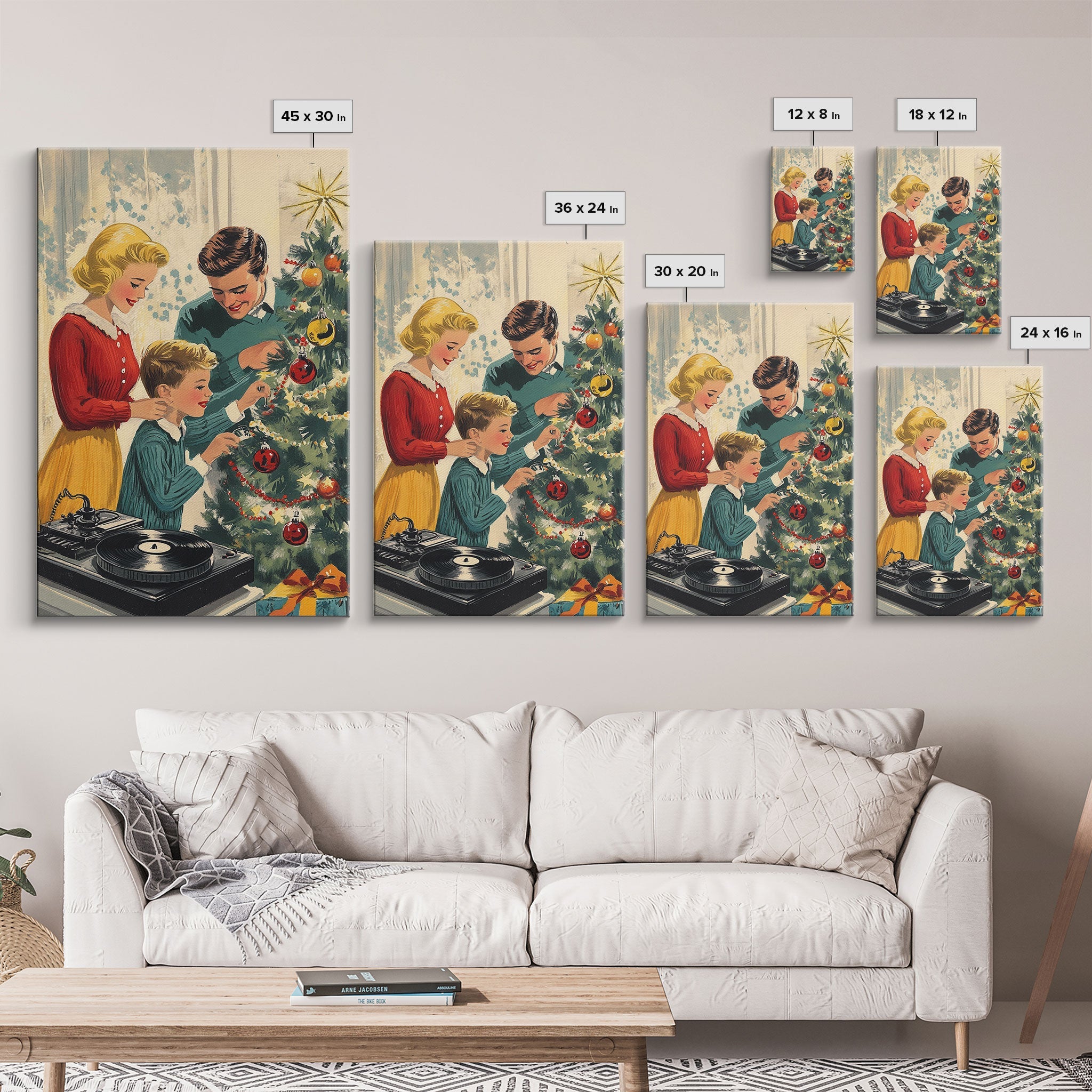 Mid-Century Family Christmas Celebration with Turntable and Christmas Tree, Retro Holiday Wall Art, Framed Canvas Print