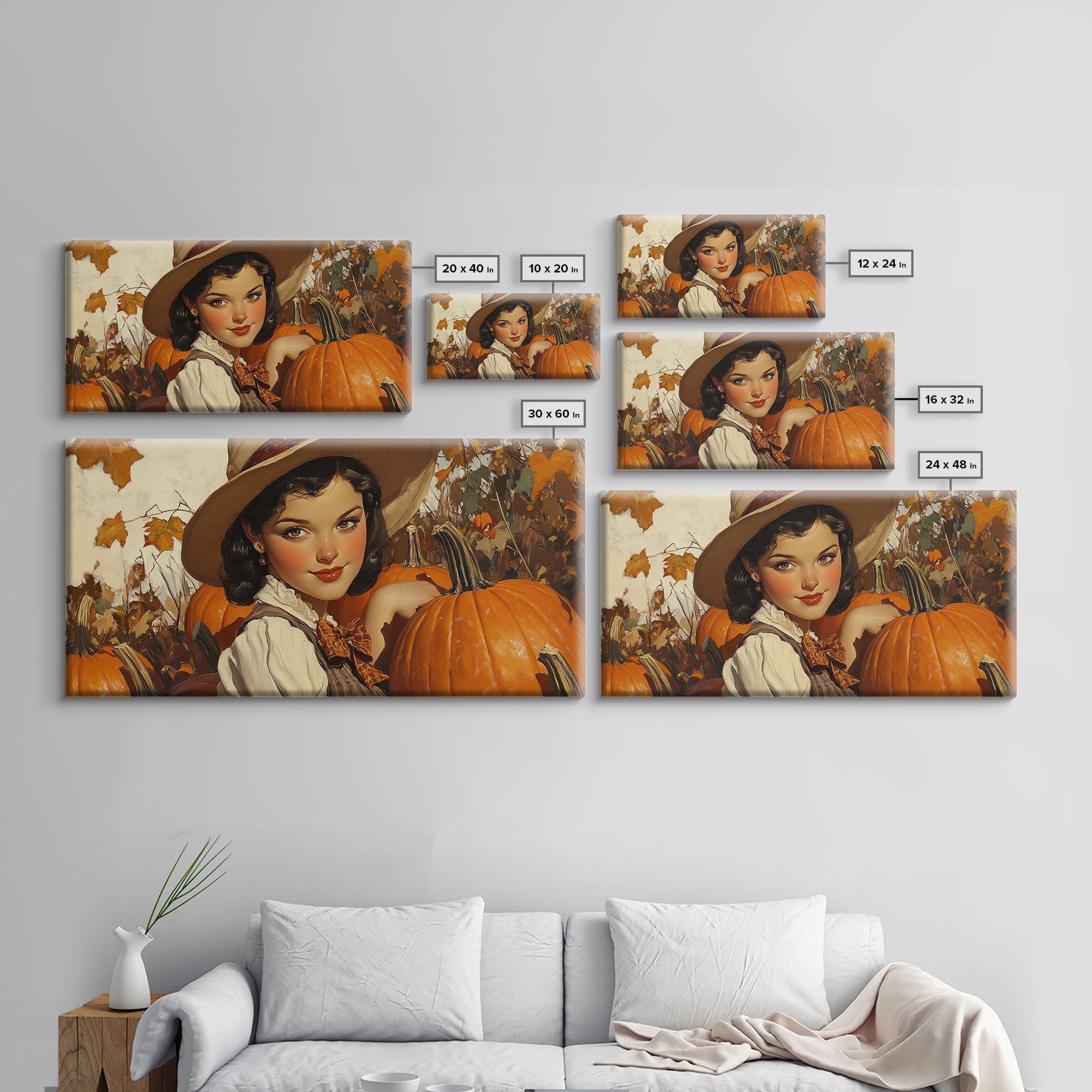 Cowgirl In A Pumpkin Patch, Framed Canvas Print, Retro Style Fall or Thanksgiving Wall Art, Farmhouse Decor, Christmas Wall Decor Gift