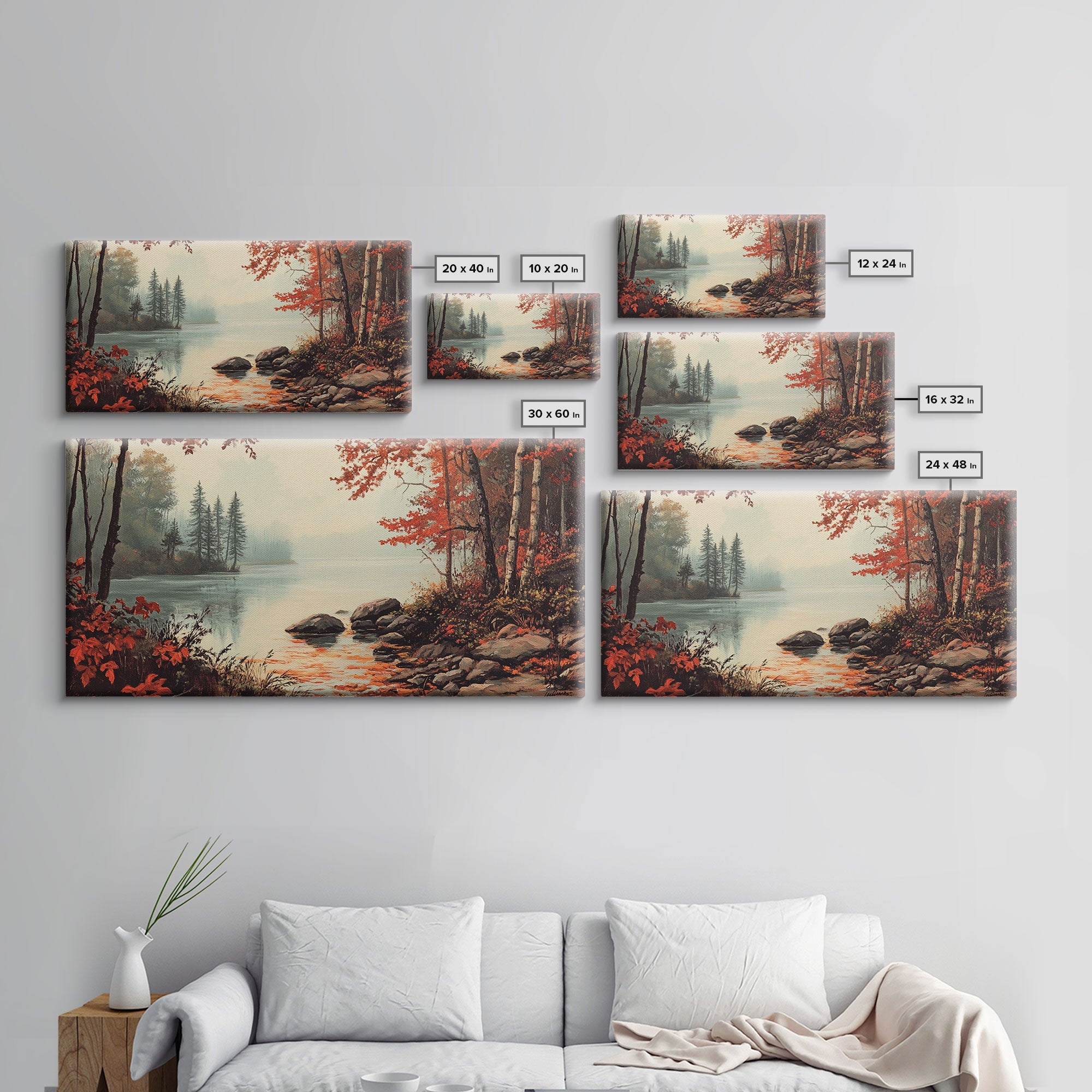 Fall On The River, Rustic Landscape Painting, Primitive Wall Art, Framed Canvas Print, retro festive holiday wall art Christmas decor
