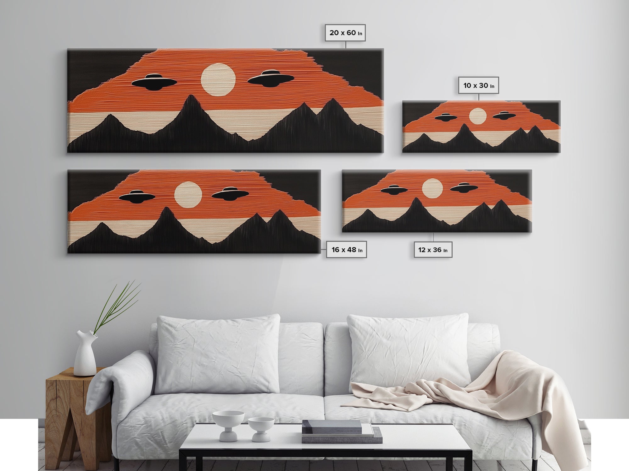 Flying Saucers over The Mountains - Retro Art Deco Inspired Scifi Art - Panoramic Print - Cute Nursery Decor